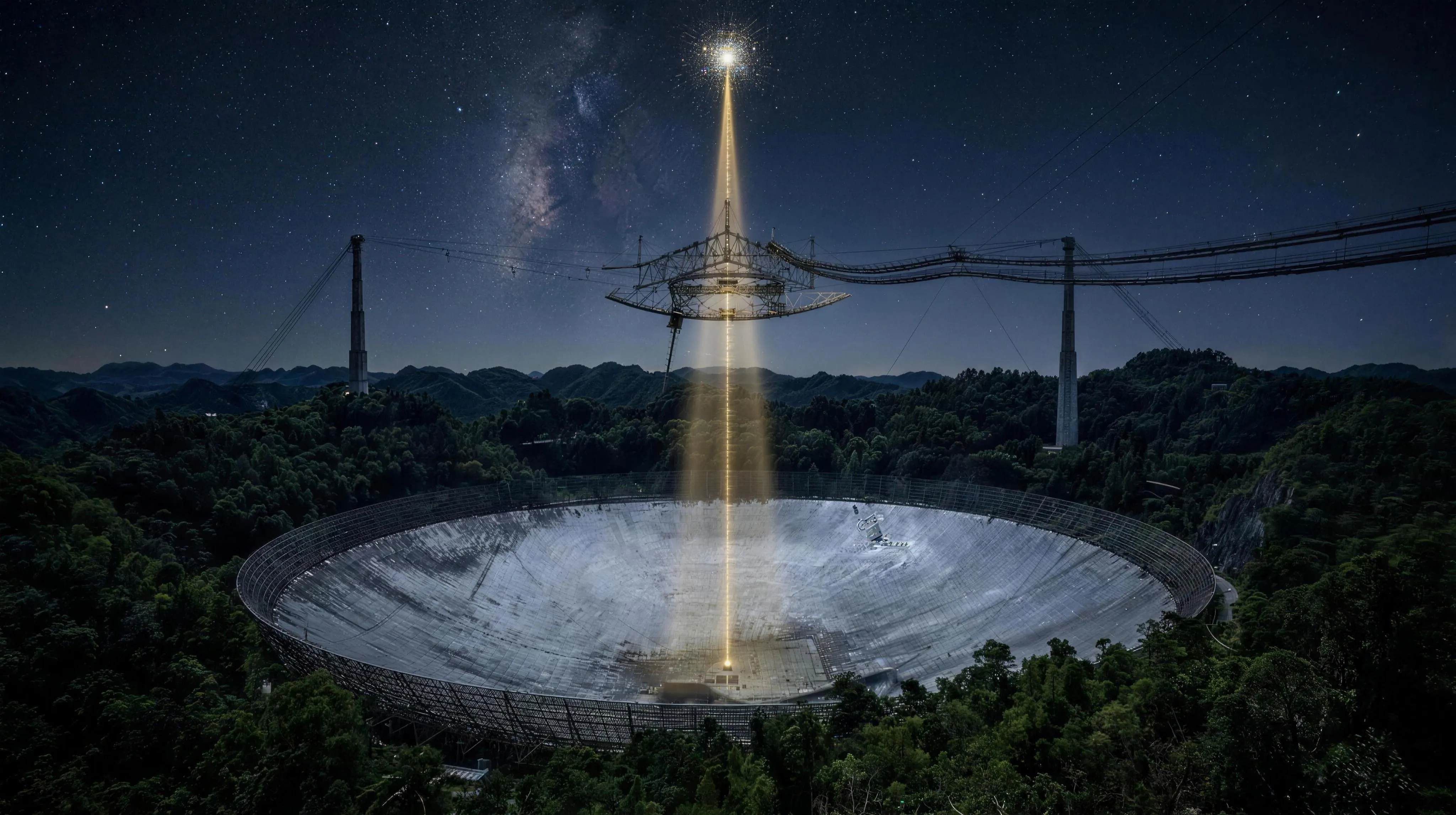 Night over the Arecibo dish in its karst sinkhole, in its 1974 line-feed configuration, under a deep indigo sky with the Milky Way band rising on the left: the great pale bowl fills the frame rim to rim among dark jungle hills, the open triangular truss platform hangs from three towers on catenary cables with a slender line-feed rod pointing down from its ring; from the dish a broad faint column of golden light rises almost vertically, tightening into one taut golden needle that climbs to a small dense swarm of stars directly overhead, with a fine ladder of luminous tick marks riding it upward.