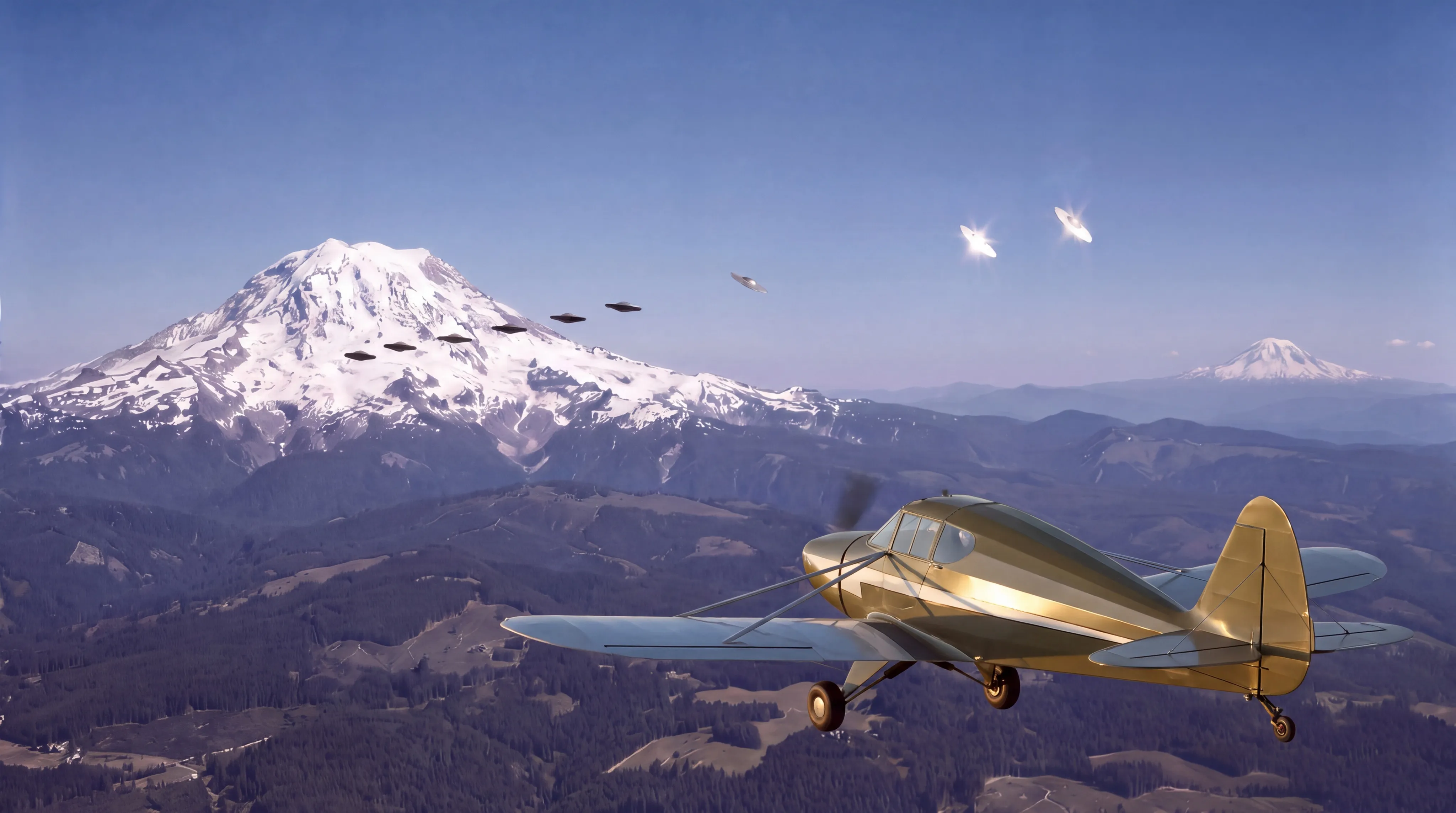 A clear summer afternoon seen from the air over the Washington Cascades: in the lower right a small CallAir A-2, the low-wing strut-braced taildragger Arnold flew, is seen from behind, tail toward the viewer, flying away into the scene over dark forested foothills; at mid left the huge glaciated white mass of Mount Rainier fills the frame, its snowfields brilliant in high sun; far to the right on the hazy blue horizon stands the smaller snow-capped cone of Mount Adams; strung in one long shallow diagonal line between the two mountains are nine tiny thin flat disc-shaped objects seen nearly edge-on, the six lower ones dark silhouettes against Rainier's snow and the three higher ones catching the sun, two flaring into brilliant white mirror flashes against the deep blue sky; no text anywhere.