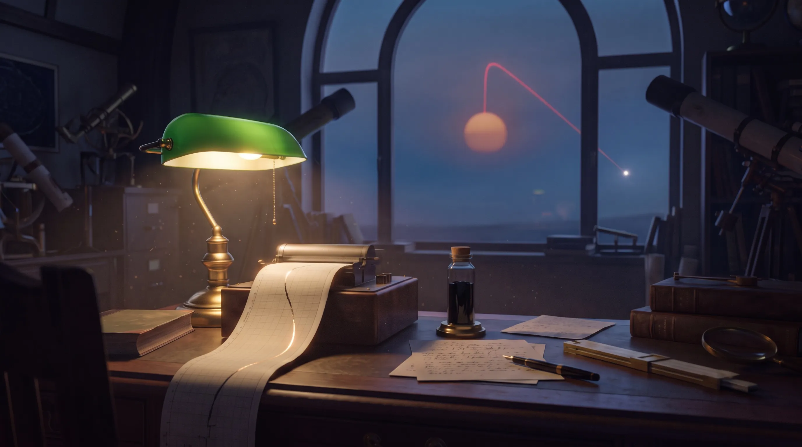 An astronomer's desk at night in a dark observatory: a strip-chart recorder tracing a slowly falling luminosity curve, a sealed glass vial of jet-black sludge on a brass stand, scattered handwritten calculations; through the tall window, the Sun hangs slightly dimmed in a dark sky with a thin crimson thread rising from its pole and arcing toward a bright morning star; no people, no legible text.