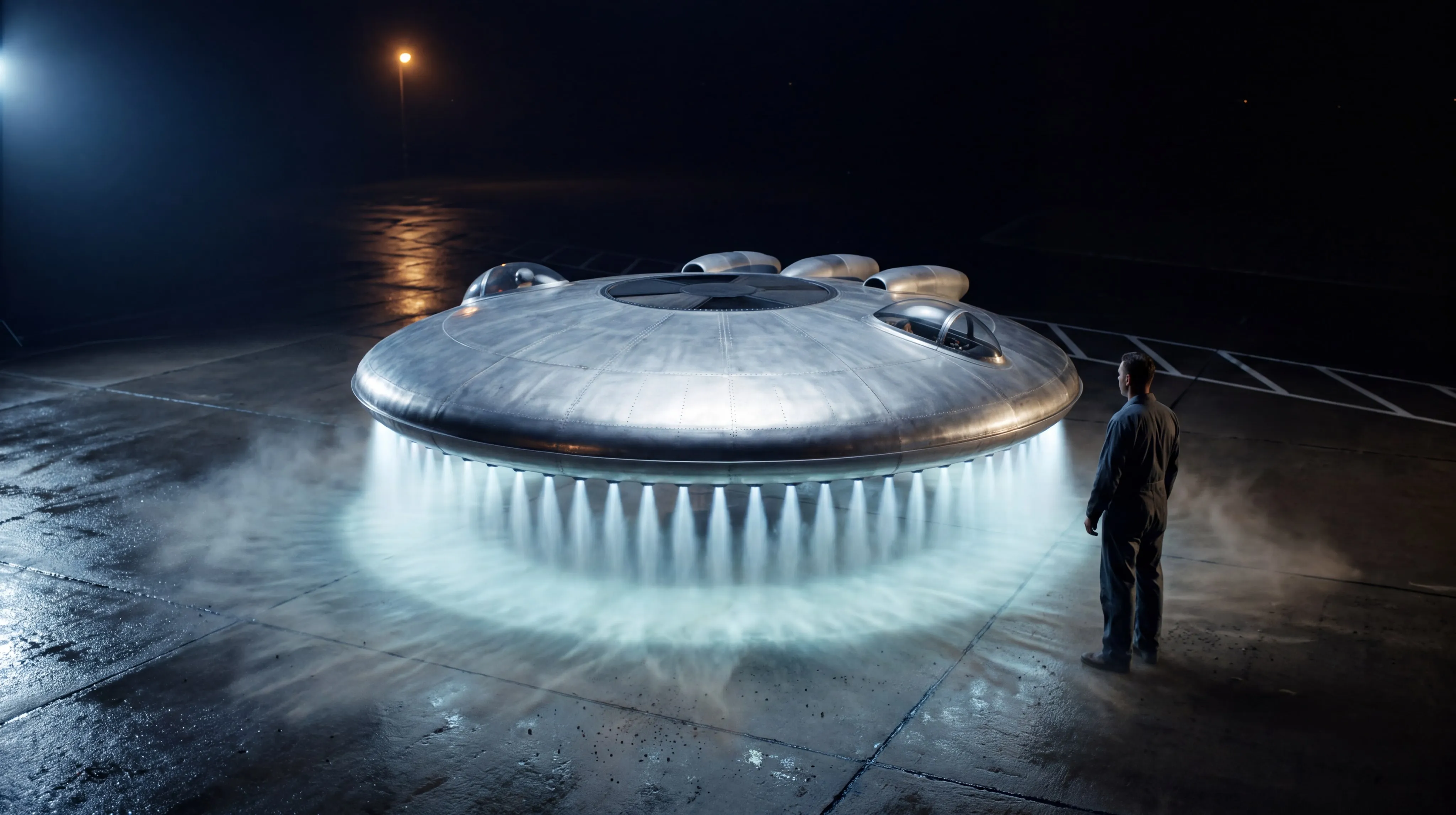 A bare unpainted aluminium disc-shaped aircraft about eighteen feet across and three and a half feet thick, hovering roughly eighteen inches above a dark wet concrete apron at night; a thin luminous curtain of pale blue-white exhaust streams straight down from its entire rim into a soft cyan pool of compressed air glowing on the ground, with grit skating outward from under it; two small bubble canopies and three low engine blisters sit on its polished upper surface around a dark central rotor well, and a single technician in dark overalls stands beside it at true scale, only a little taller than the machine is thick, under one distant amber apron lamp.