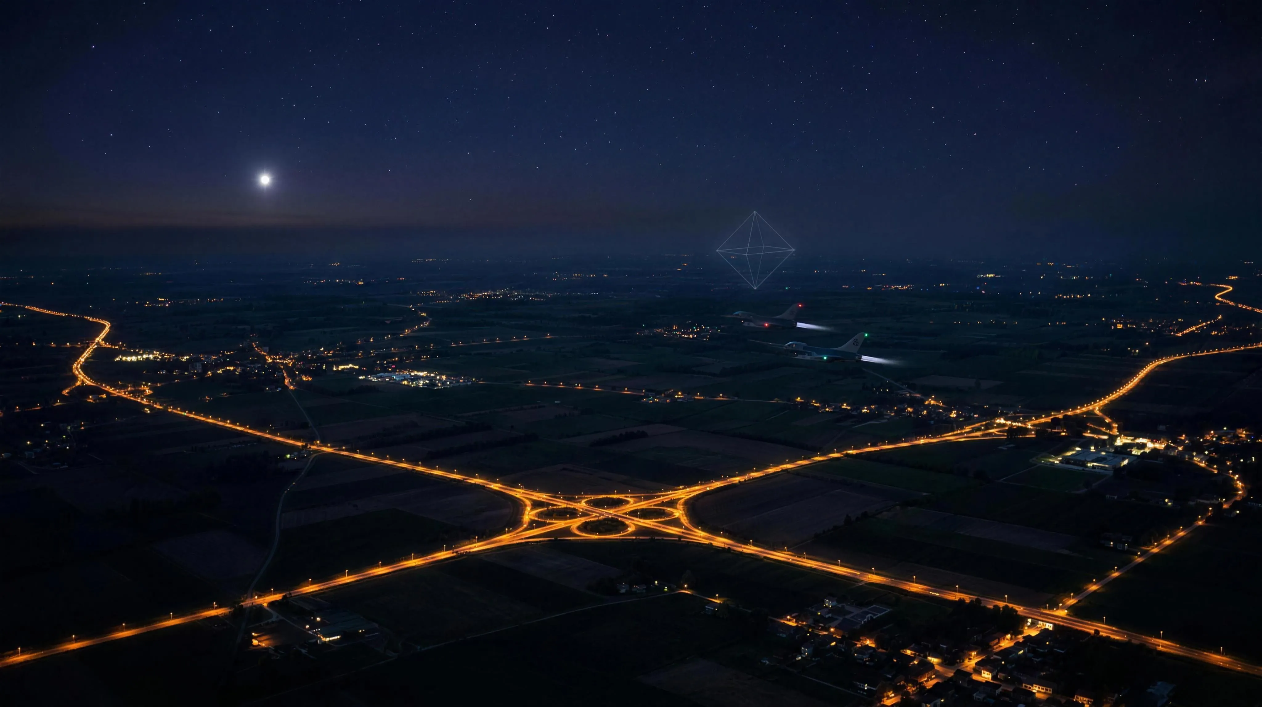 A deep night sky over the Belgian plain seen from altitude: far below, a lattice of sodium-orange motorway lights and scattered town glows stretches to a dark horizon; two F-16 fighters cross the middle distance as small grey silhouettes picked out by red and green navigation lights and pale engine glow, flying in loose trail; ahead of them hangs a faint translucent wireframe diamond of pale blue light, clearly a radar symbol rather than a solid object; above, a crisp star field with one brilliant white planet low in the west, and no moon.