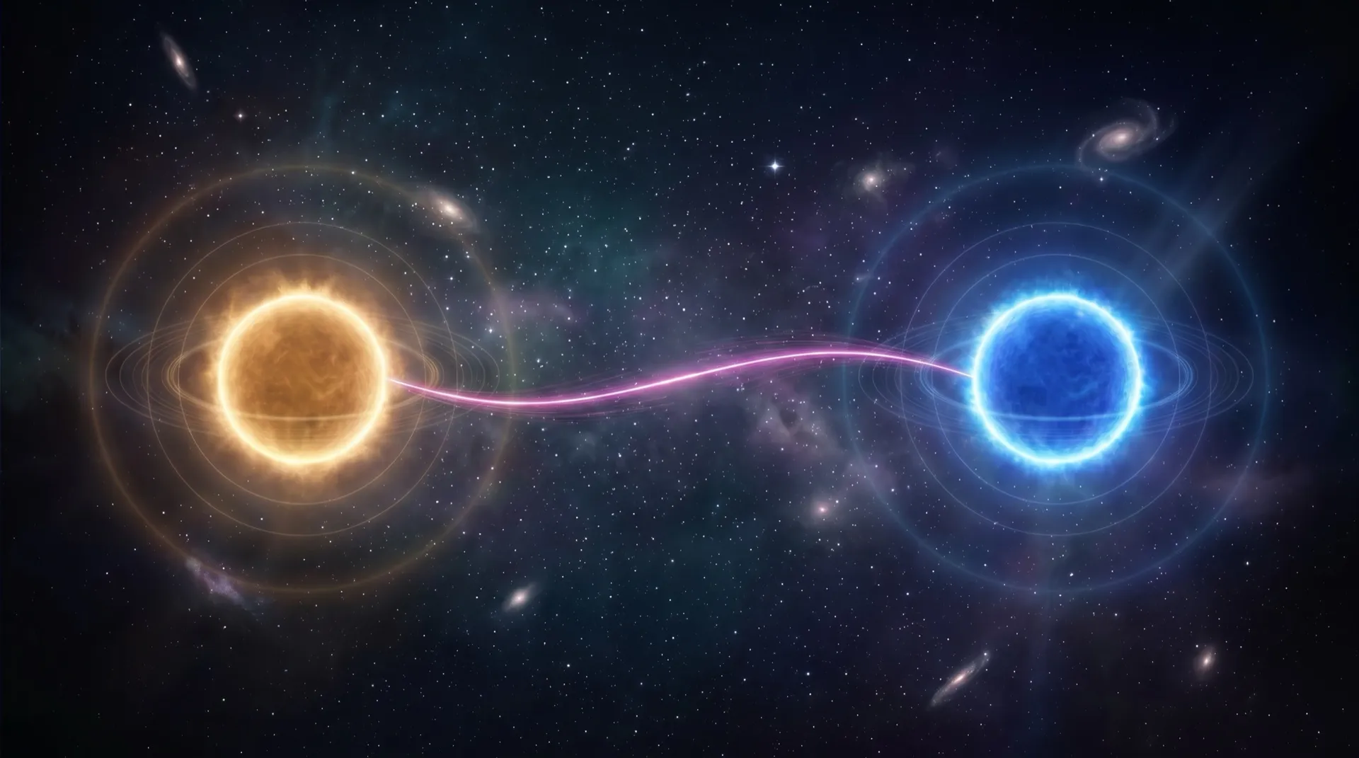 Two glowing orbs joined by a soft magenta light-link, suspended in a deep cosmic starfield.