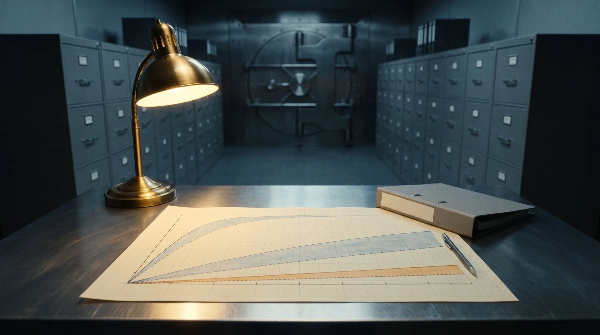 A secure records vault, seen from the end of a brushed-steel table: a brass gooseneck desk lamp on the left throws a warm pool of light over a large sheet of cream graph paper, on which three hand-inked bands rise from the lower left corner, two pale blue ones, one climbing steeply to run flat along the top and one climbing gently to about three quarters of the height, and one amber band that stays low and ends about a quarter of the way up, each band with a solid line above and a dashed line below; a mechanical pencil lies on the sheet's right edge and a closed grey binder with a blank spine label rests on its far corner; behind, two long rows of closed grey filing cabinets with blank label holders lead to a heavy round vault door, closed, in cold blue light; no people, no text.