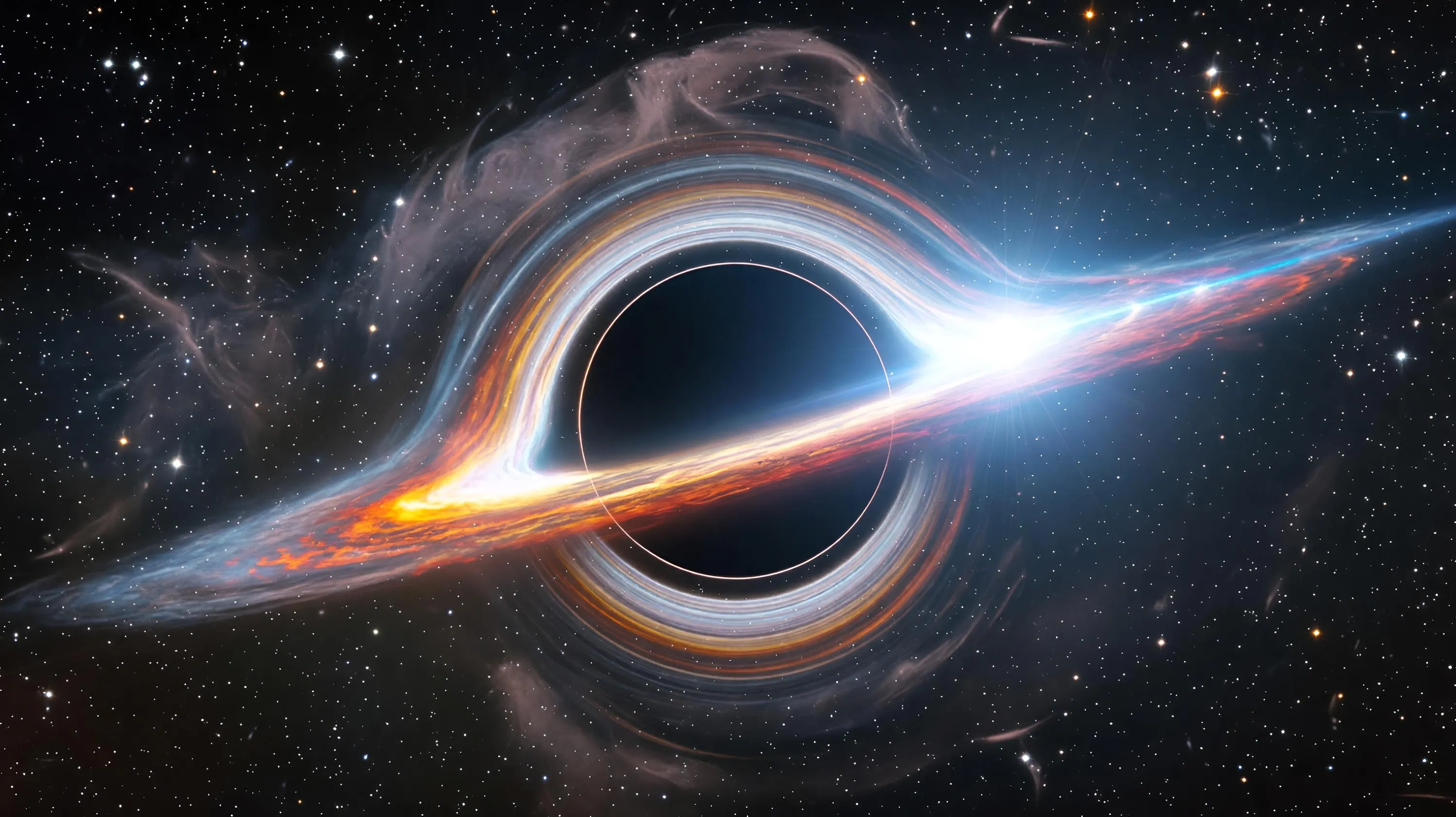 A black hole bending the light of the sky around its bright accretion disk.
