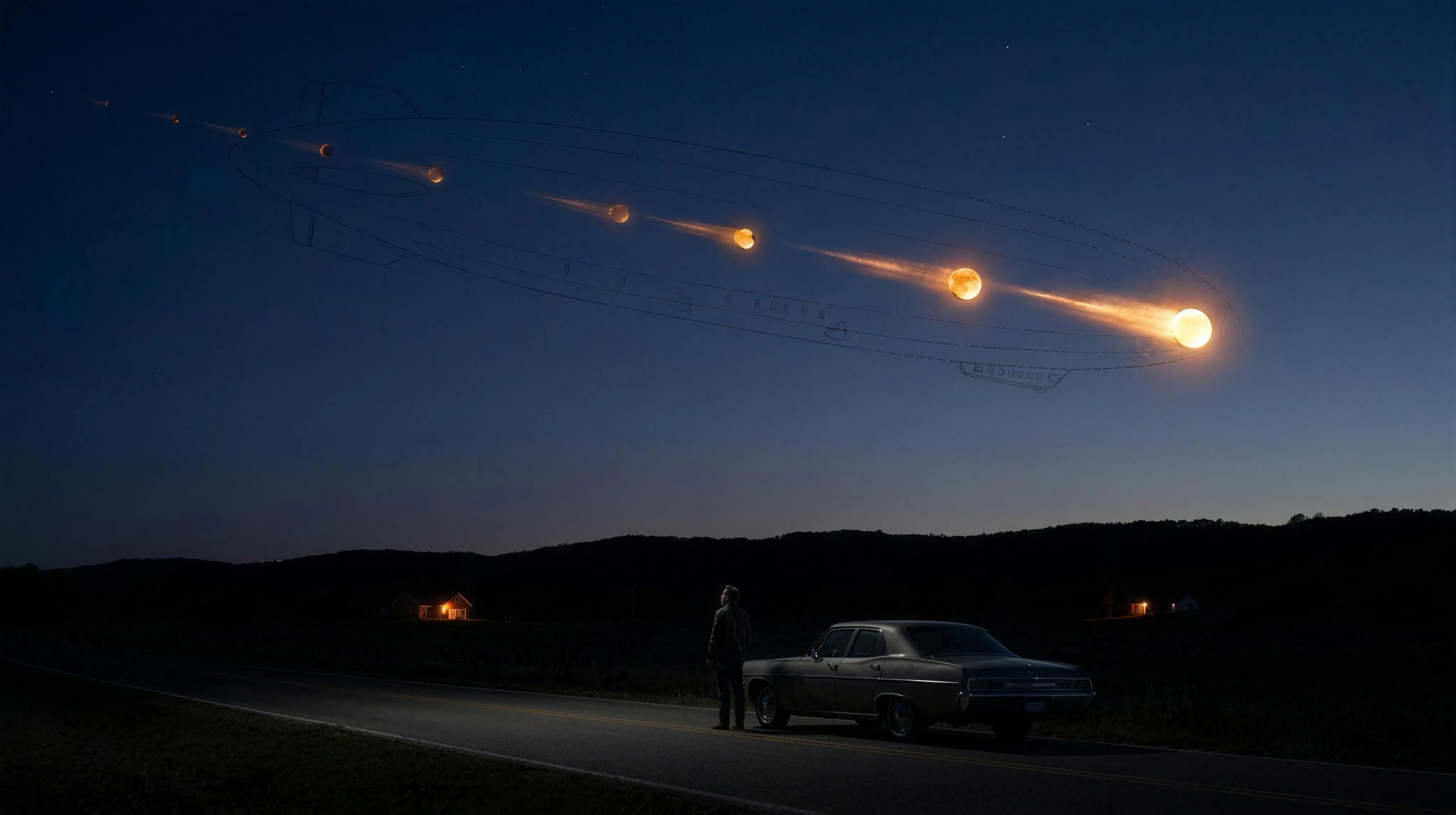 A deep-blue night sky over a dark ridge line: a slow train of incandescent amber fragments crosses the sky in a shallow descending line, each fragment trailing a thin glowing tail, the brightest at the head; around the train a faint dashed cigar-shaped outline with small window-like squares suggests the craft witnesses reported; below, on a dark country road, a small figure beside a parked car looks up, house lights tiny and warm in the distance.