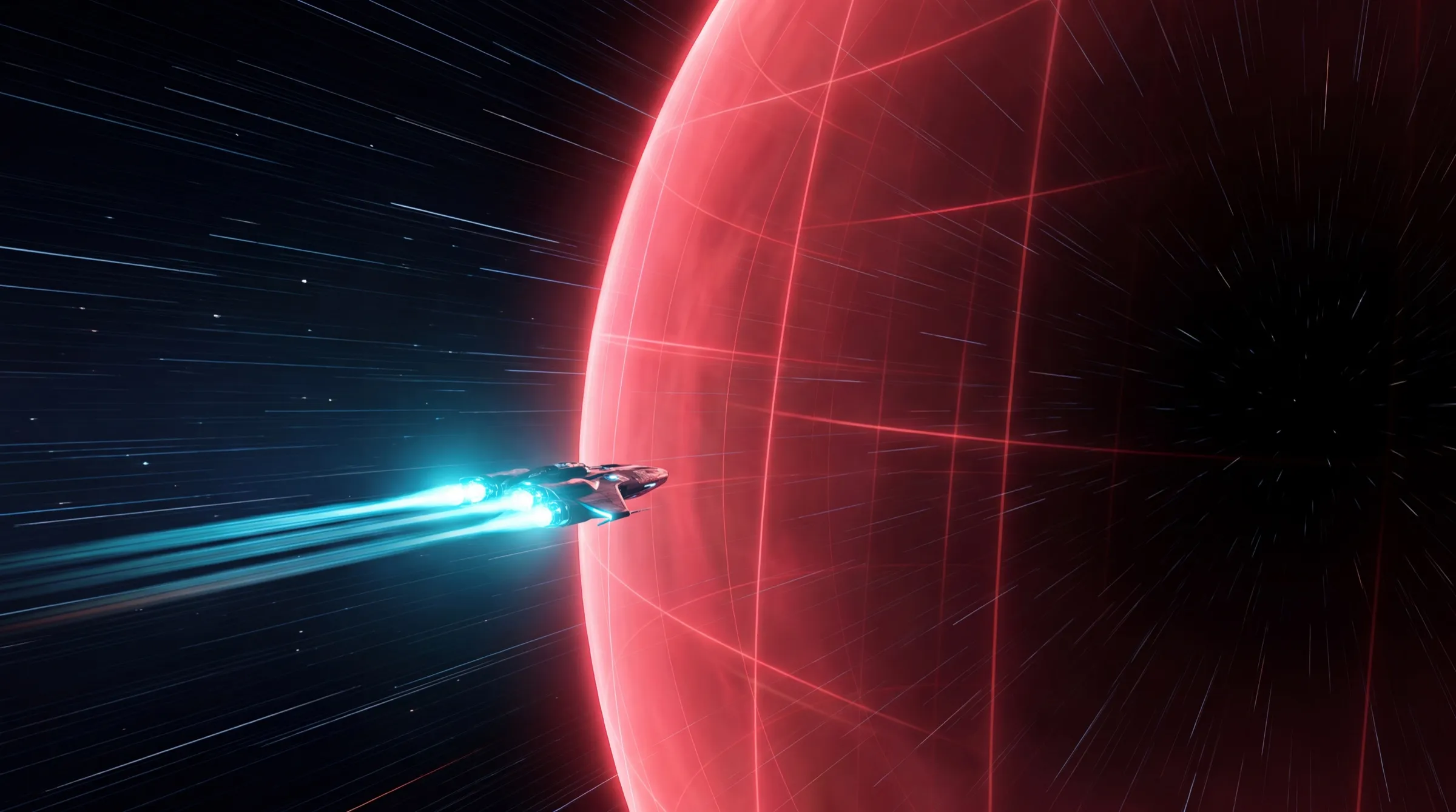 A metallic starship with brilliant cyan engine plumes racing through streaked stars toward an immense glowing red energy wall that spans all of space, its light reflecting off the hull.
