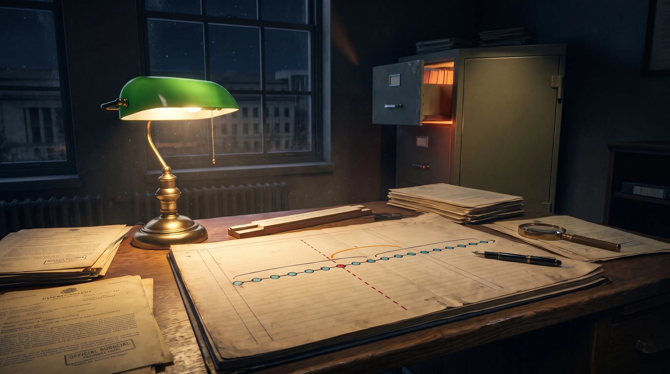 A dark government records office at night, early 1960s: on a wooden desk under a green-shaded banker's lamp lies a large aged ledger sheet bearing a hand-inked chart, a straight left-to-right chain of small cyan ink dots crossing a vertical dashed red line near its middle, a small amber arc drawn over the crossing and an arrowhead at the chain's right end; a fountain pen and a brass magnifying glass rest on the sheet, stacks of stamped patent papers and a wooden slide rule lie around it; against the far wall an olive steel file cabinet stands with one drawer pulled open, warm light glowing from inside, a plain steel cabinet beside it; tall windows show a starry night over dim government buildings; no people.