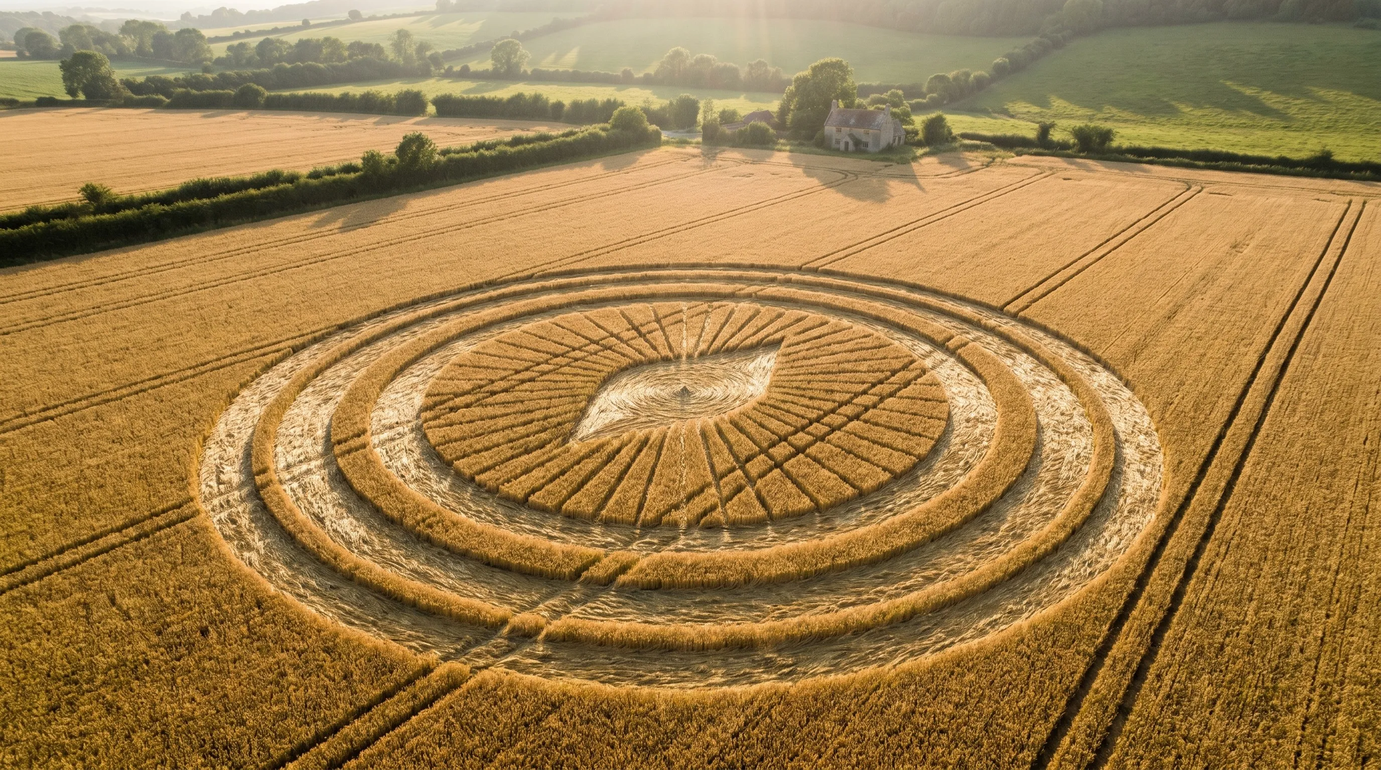 An aerial view of a wheat field with a complex crop-circle formation swirled into it.