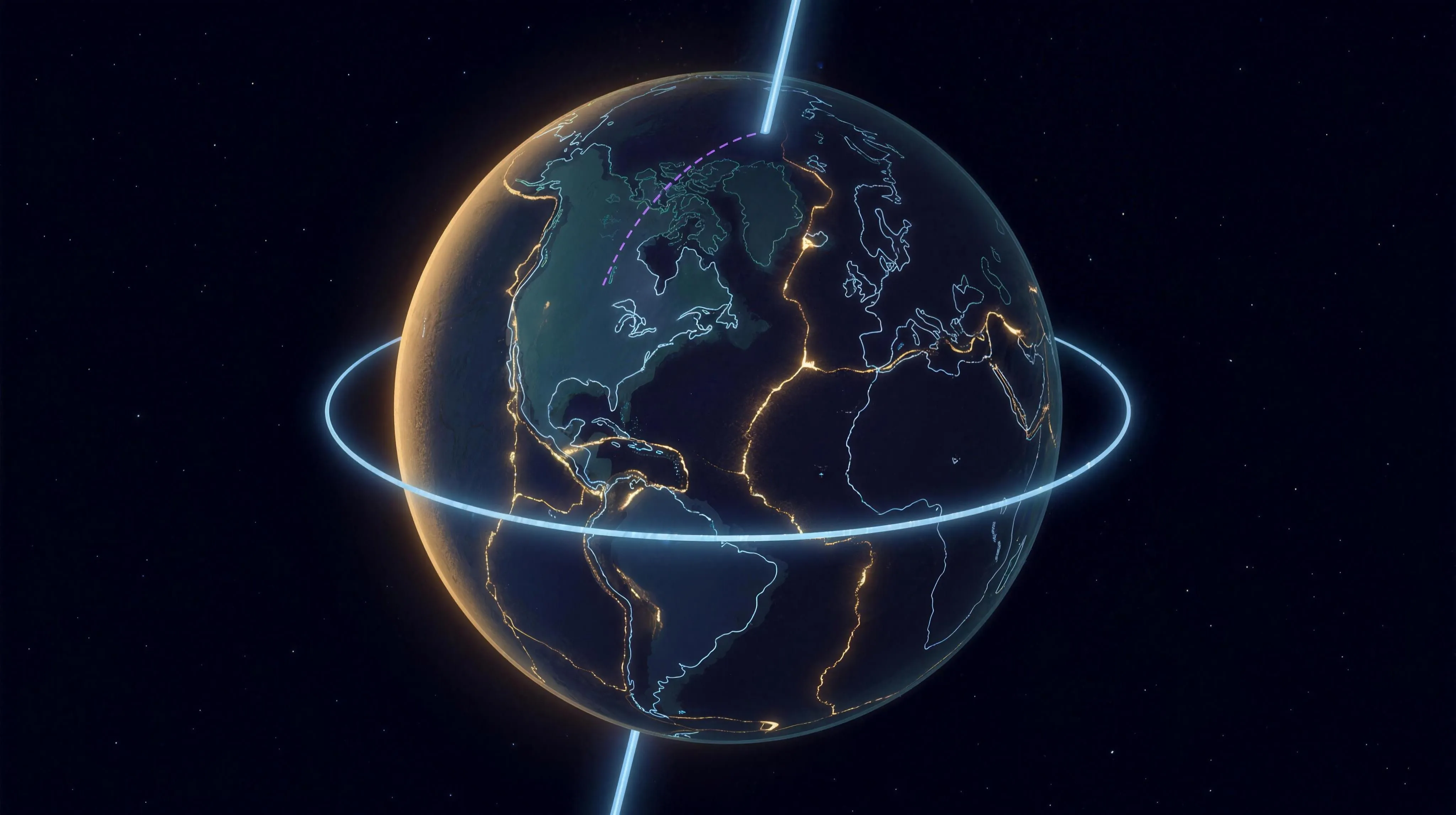 The Earth seen from space against a deep indigo starfield, its night side under a warm dawn terminator glowing along the left limb: a slender luminous cool-blue rotation axis rod runs through both poles and extends beyond the sphere, with one bright equator ring fixed around the globe; the continents are drawn as fine glowing pale-blue and teal map linework on a dark ocean sphere, and threading between them the Earth's real plate boundaries glow warm amber-gold, the Mid-Atlantic Ridge running down open ocean, the Pacific margin tracing the west coasts of the Americas, the Mediterranean belt crossing to the east; a short dashed violet arc rises from northern Canada to the north pole where the axis leaves the sphere, marking the claimed path of the pole; no moon, no text.
