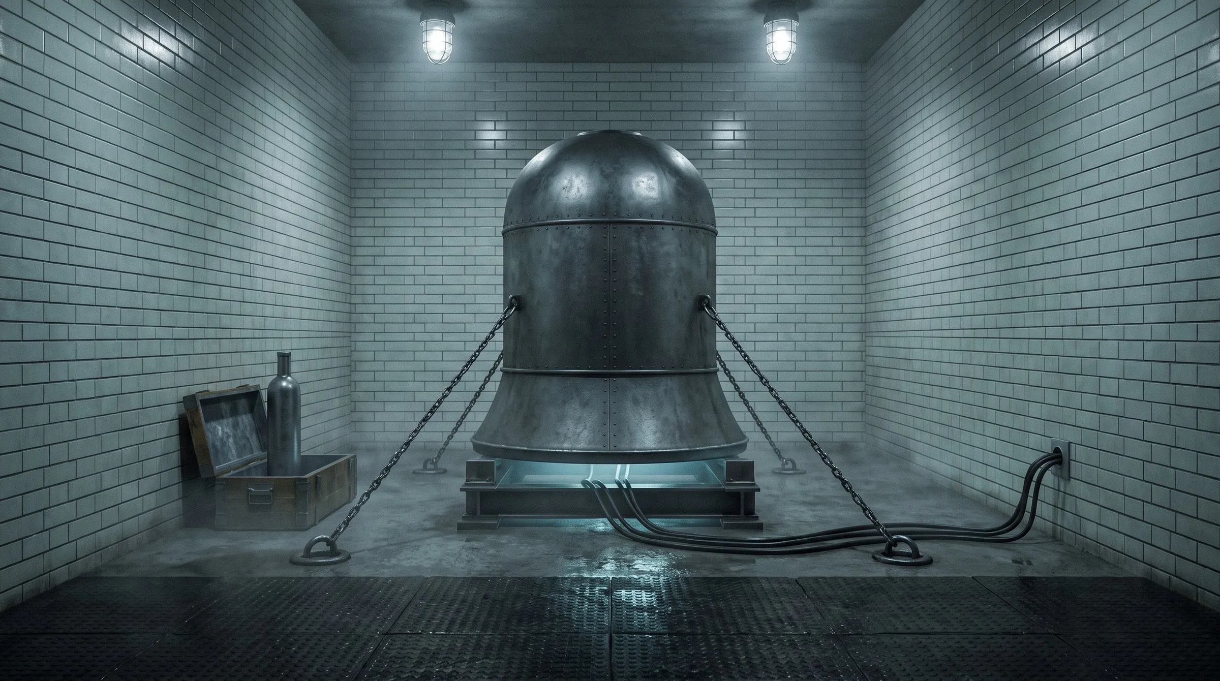 A deep underground test chamber walled floor to ceiling in pale ceramic tiles laid in brick-pattern courses, black rubber matting across the front of the floor and bare wet concrete over most of it, two caged lamps on the ceiling throwing cold hard light; at the centre a bell-shaped object of dark riveted metal about three metres tall, with a small cap on the crown of its rounded dome, a straight waist and a flared skirt, seated on a low steel I-beam rig with four corner posts, a pale-blue glow in the rig's recess under the skirt reflected on the wet floor, four chains running from its sides to iron rings set in the floor; thick black cables from under its base across the floor to a plain socket in the right-hand wall; at the left an open wooden box lined in grey with a tall lead-grey bottle-shaped flask standing in it; a little mist near the floor; no people, no text.