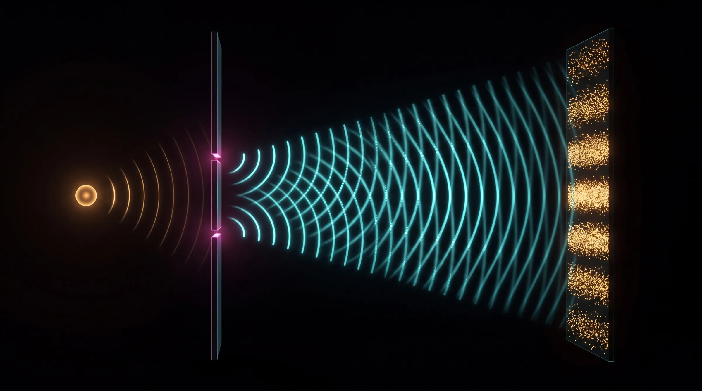 A detection screen filling with single particle dots that stack into bright interference fringes, beneath a not-to-scale schematic of a source, a two-slit barrier and a screen.