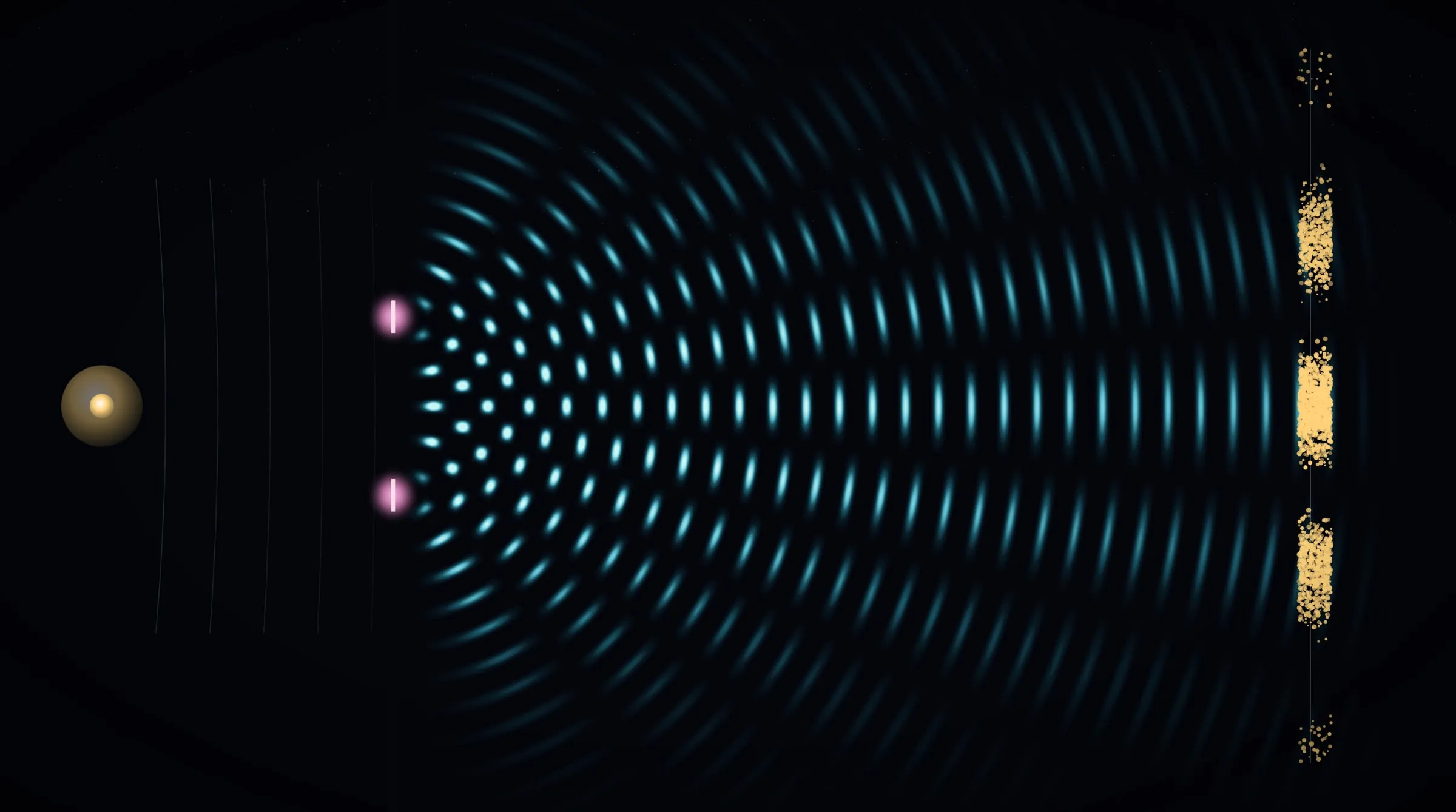 A detection screen filling with single particle dots that stack into bright interference fringes.