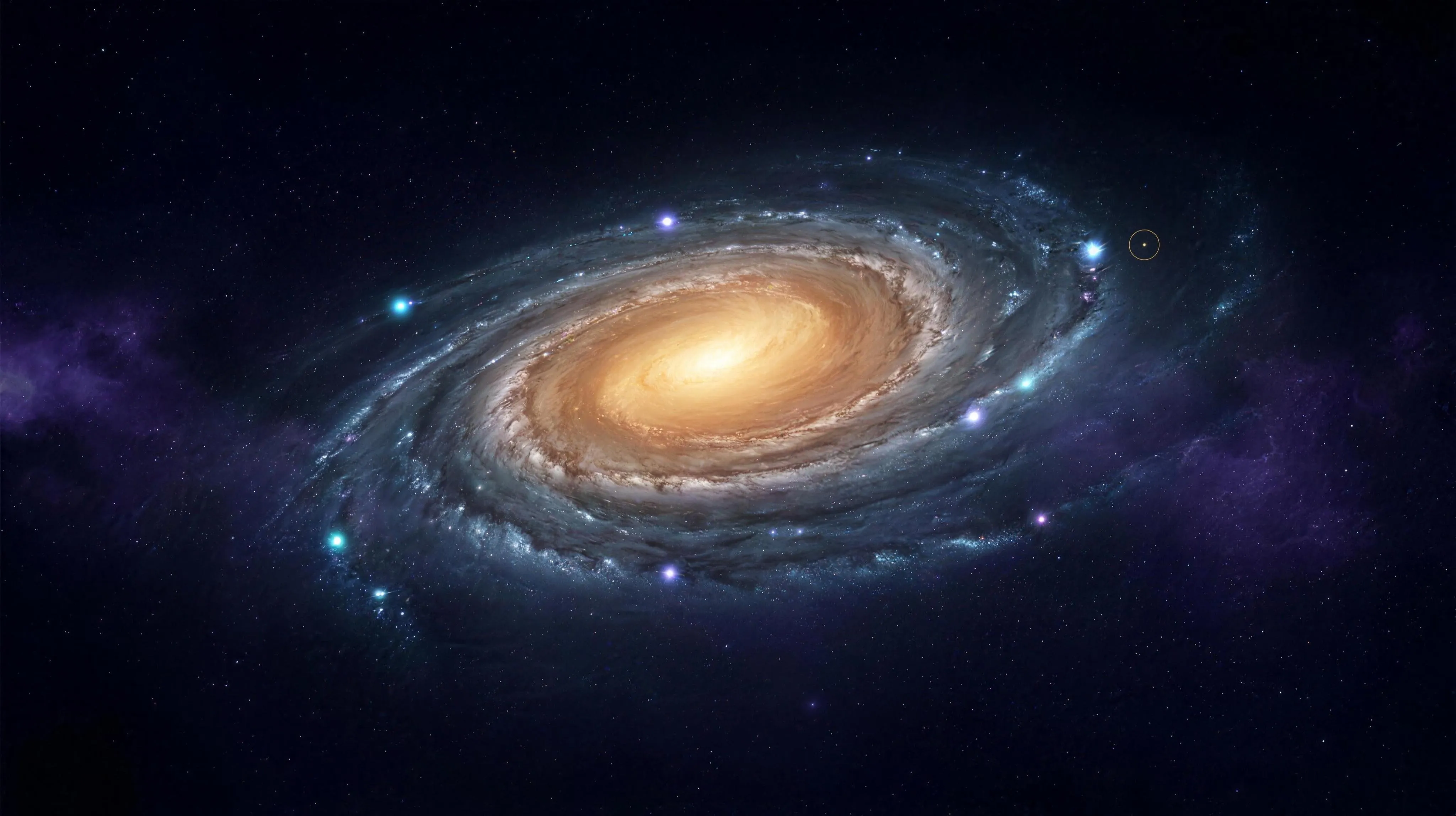 A spiral galaxy seen at an oblique angle, tiny cyan and violet beacons scattered through its arms, one minuscule amber dot in an outer arm enclosed by a thin amber circle.