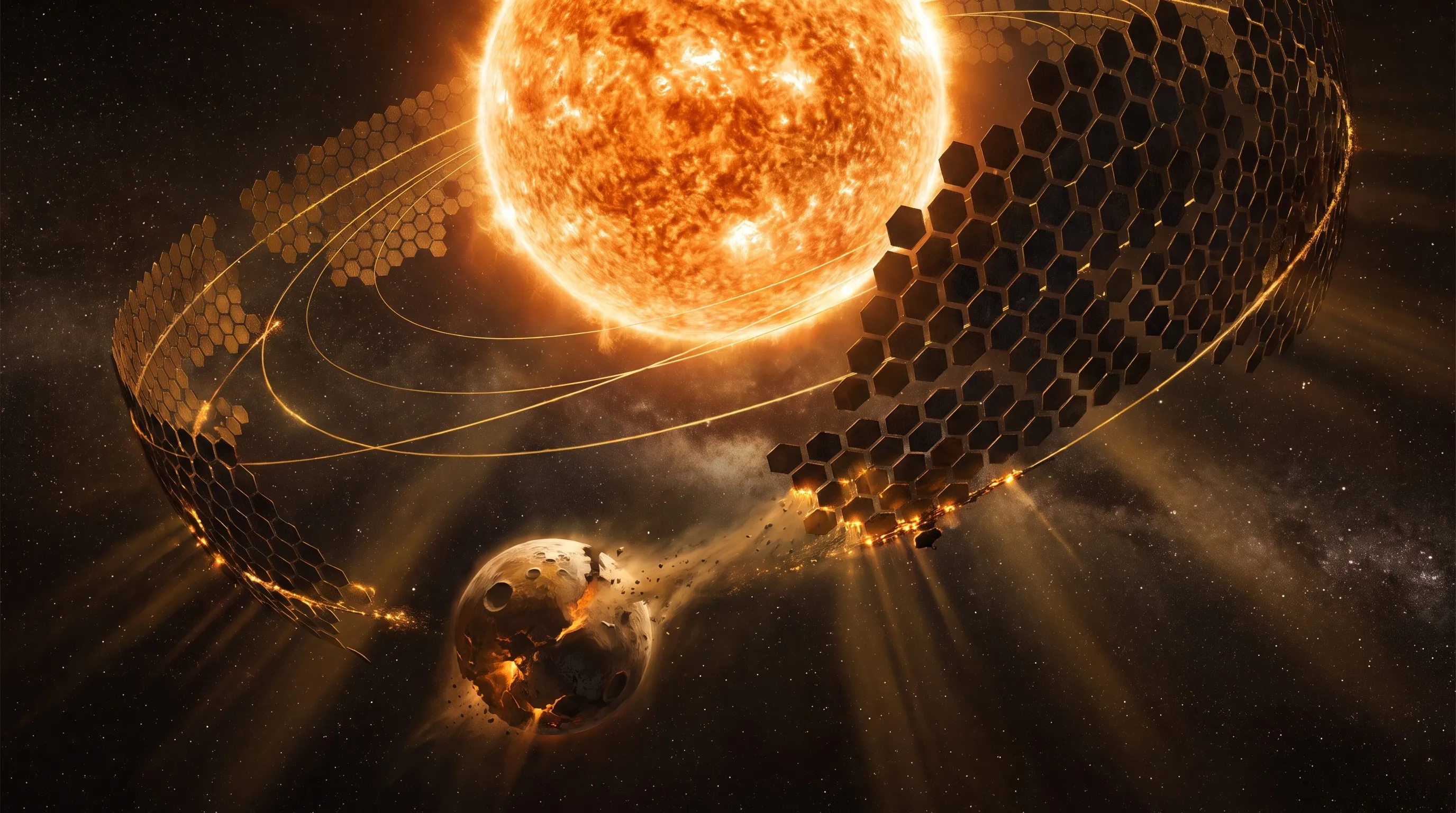 A blazing orange star with a granulated surface, half-encircled by immense curved lattices of dark hexagonal collector panels threaded with thin golden orbital rings; below, a small cratered planet split open and glowing at its seams sheds a stream of embers and debris toward the swarm's unfinished, construction-lit edge, against a deep black starfield.