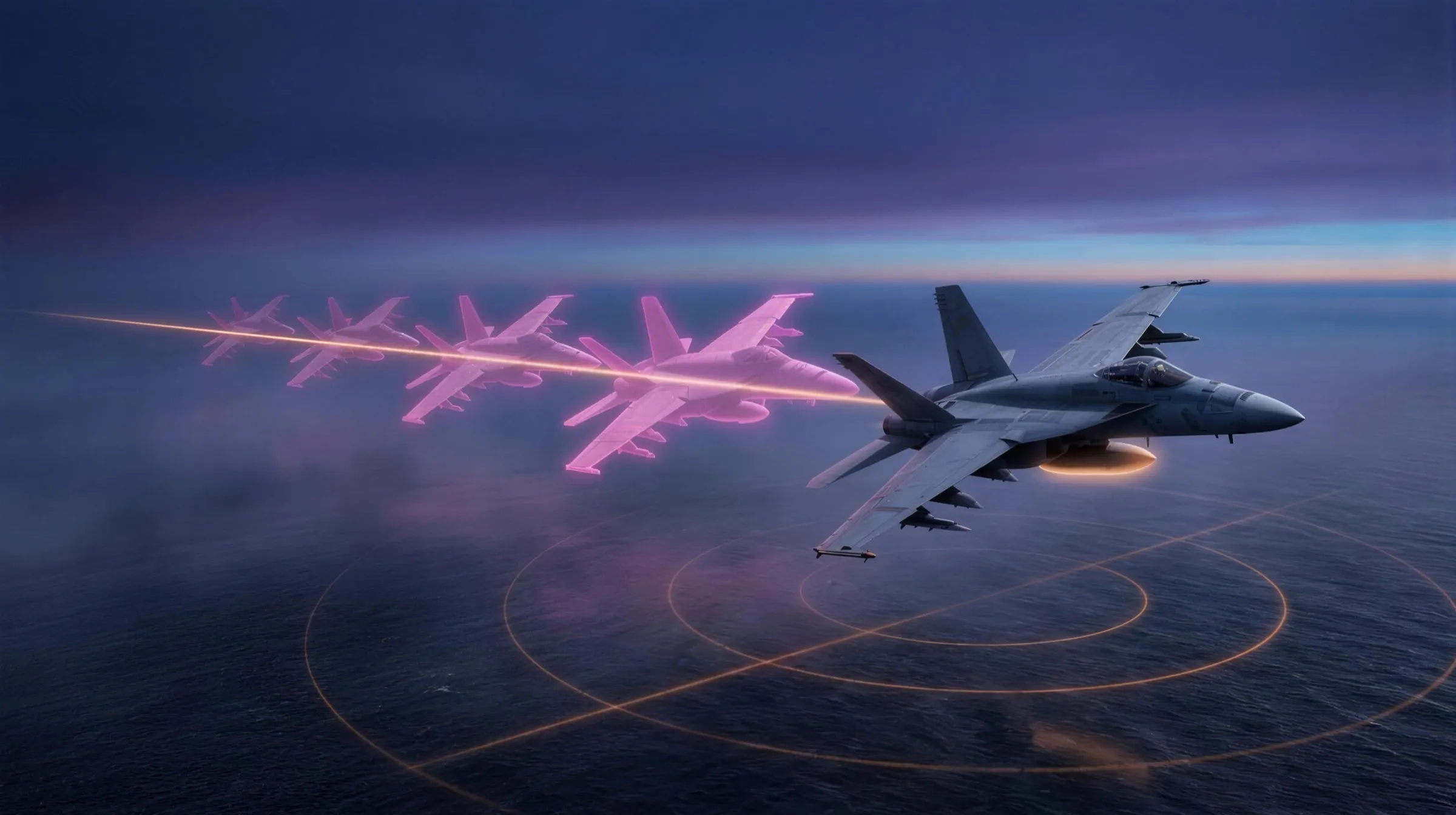 A grey US Navy F/A-18 banking over a dark hazy ocean at dusk under a deep blue-violet sky, an electronic-warfare pod glowing faint amber beneath its wing, while four translucent magenta ghost copies of the same aircraft hang evenly spaced along a single straight sight line into the distance, a thin luminous amber sensor beam running through them all, and faint amber radar range rings glowing on the haze below.