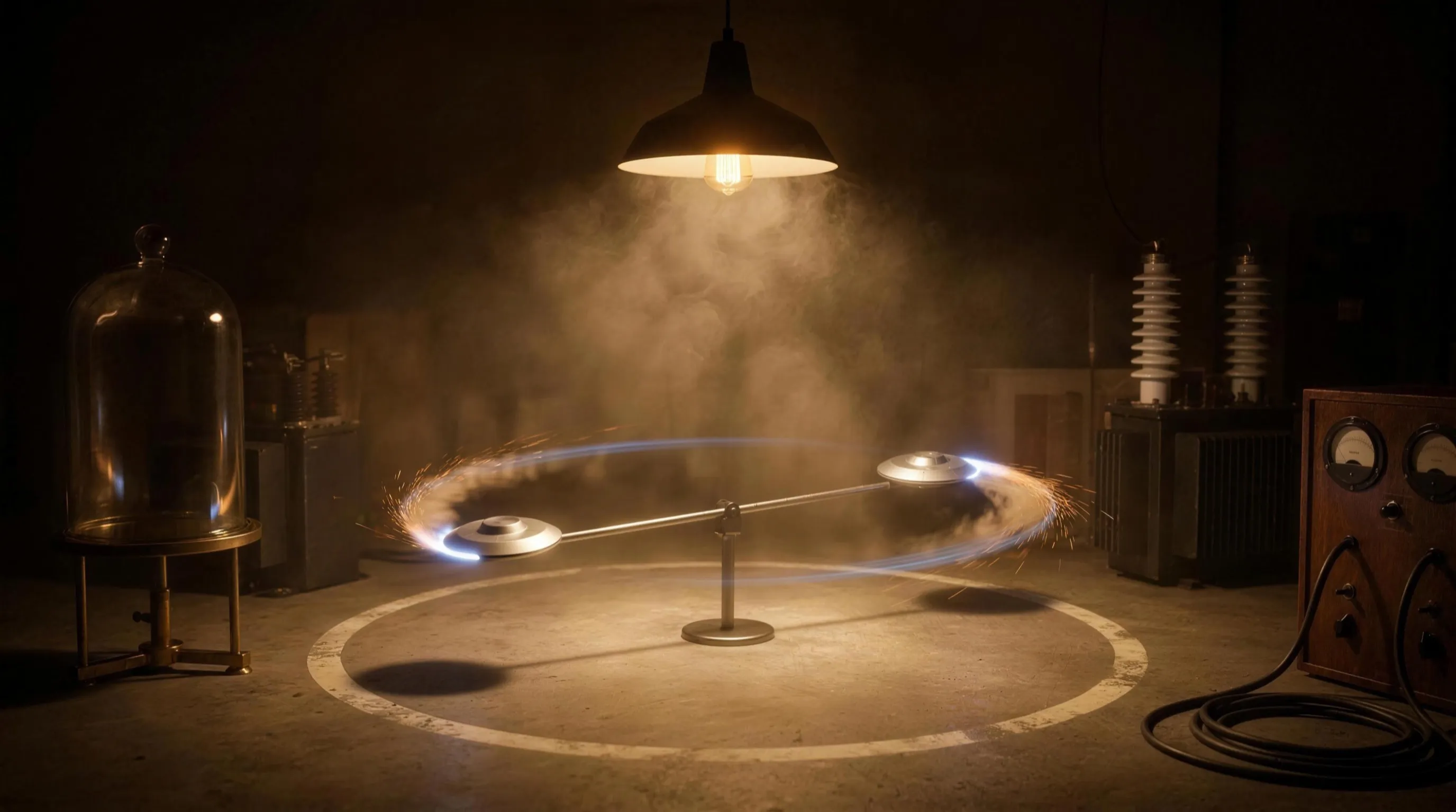 A 1950s laboratory under a single hanging tungsten lamp: two saucer discs on a pivoting beam circle a floor ring through drifting haze, a blue-white sheath of ionised air pressed against each leading edge and a stream of amber sparks trailing behind along the course, with a glass bell jar and ceramic insulator columns in the warm shadows beyond.