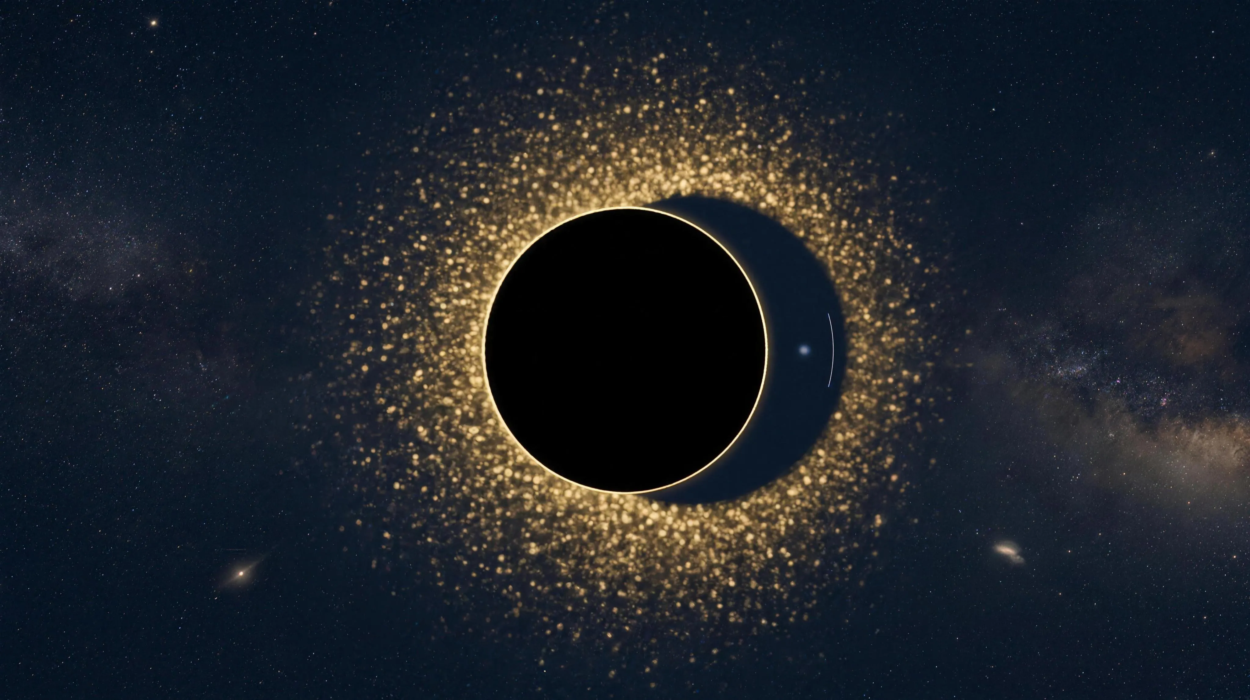 A coronagraph detector image: at the centre an opaque black occulting disc hides the star completely, with only a thin razor-sharp rim of gold light leaking around its edge; a dense halo of golden speckle grains fills the field around it, crowded and bright against the mask and fading outward into deep ink-blue; on the right a crescent-shaped region has been swept almost clean of speckles, and inside that cleared dark zone, close to the mask, floats a single minute pale-blue dot beside a hair-thin scale tick; far behind it all lies a deep starfield with soft bands of Milky Way haze and a few small distant galaxies, every one of them dimmer and warmer than the dot.