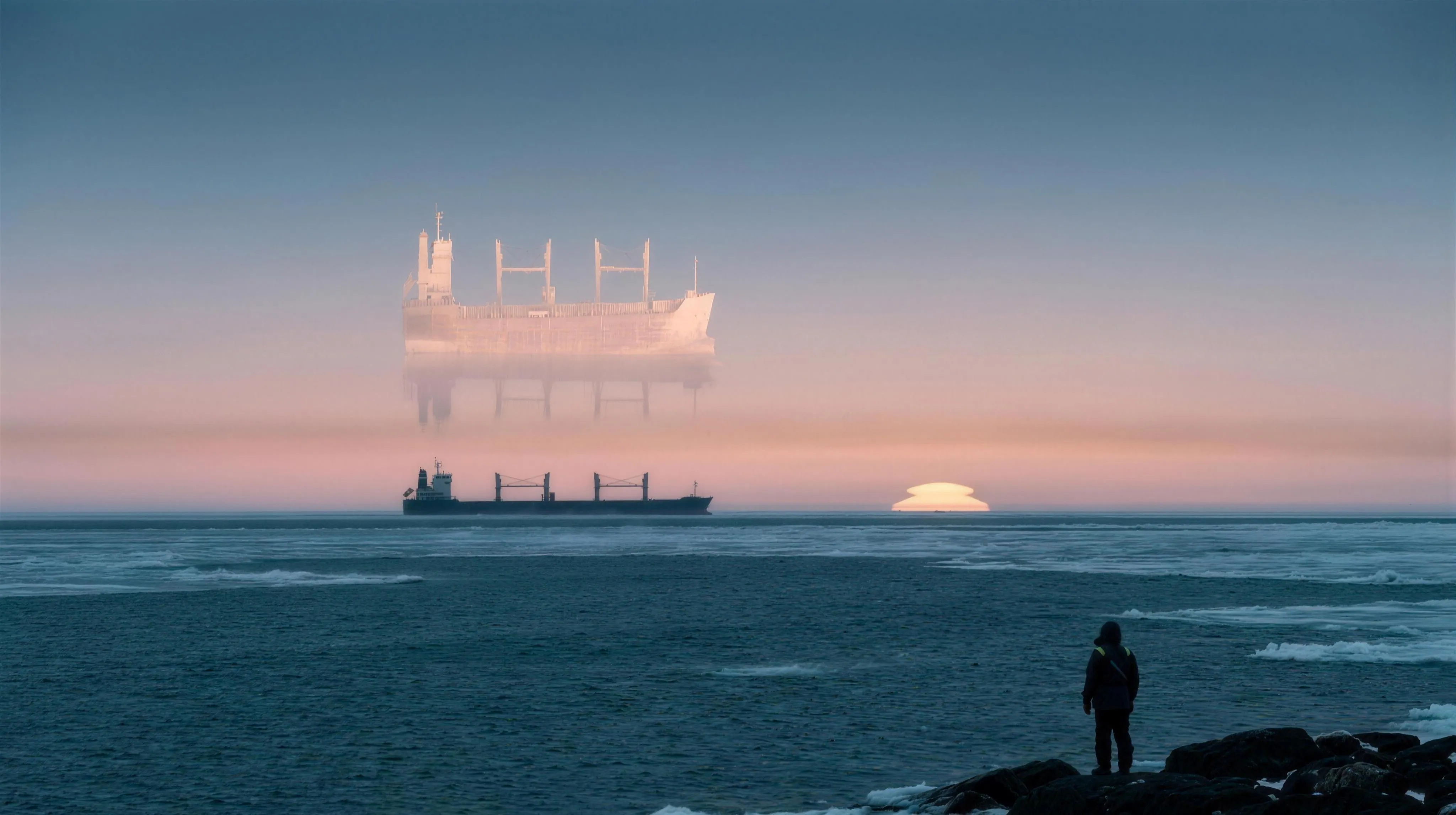 A cold dawn over a dark teal strait under a rose and steel-blue sky: on the horizon a distant ship is refracted into a Fata Morgana, its silhouette stacked and mirrored vertically into a shimmering band of pale walls and towers hovering just above the sea; thin luminous rose-coloured ray lines curve gently from the mirage toward a small observer standing on a dark rocky shore in the foreground, and a faint band of warmer air is visible as a subtle layer across the horizon.