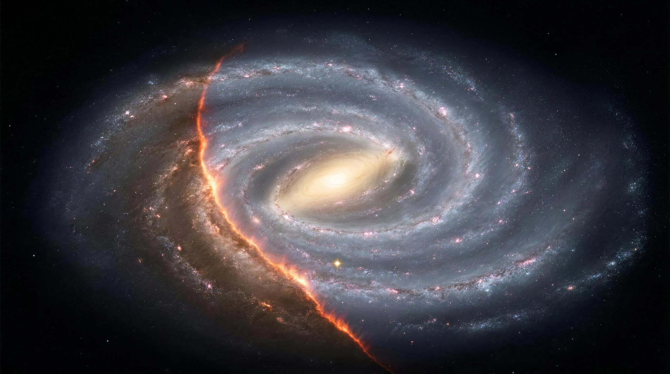 A vast blue-white spiral galaxy seen from above in deep black space, one flank of its disk consumed by an advancing crescent of ember-orange light whose sharp burning edge cuts across the spiral arms, the overtaken stars glowing bronze behind the front while the untouched arms stay cold silver-blue.