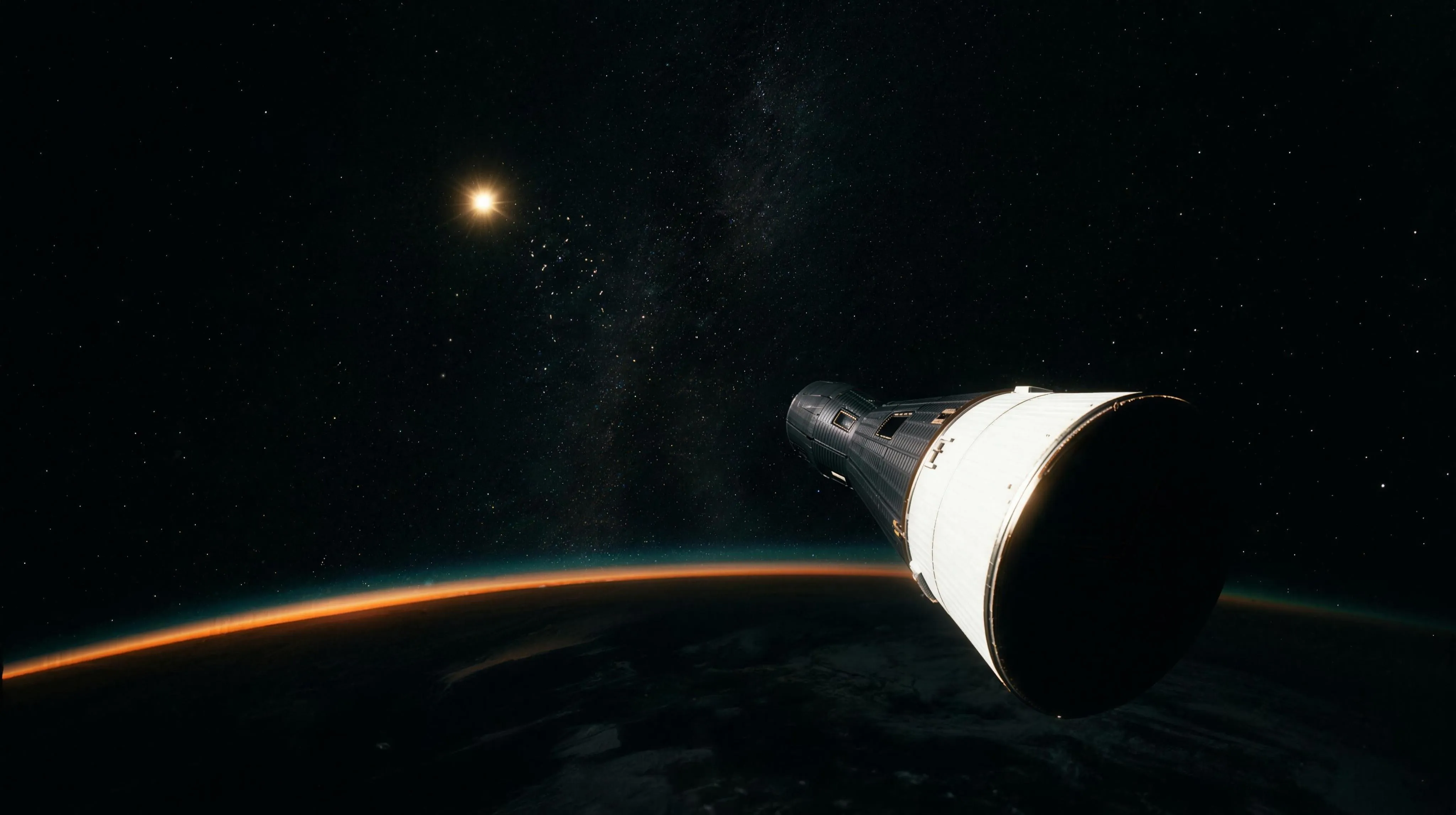 Low Earth orbit at night, seen from behind and beside a Gemini spacecraft: the capsule rides in the lower right as a dark two-cone silhouette, its white adapter section rimmed in hard sunlight, twin windows toward the viewer; below, the Earth's night side runs almost black under a thin brilliant band of dawn orange and teal airglow along the limb; high in the upper left of the frame, at the capsule's ten o'clock, one brilliant gold point of light stands out sharply against sparse stars, with a faint scatter of tiny glints trailing near it; no moon.
