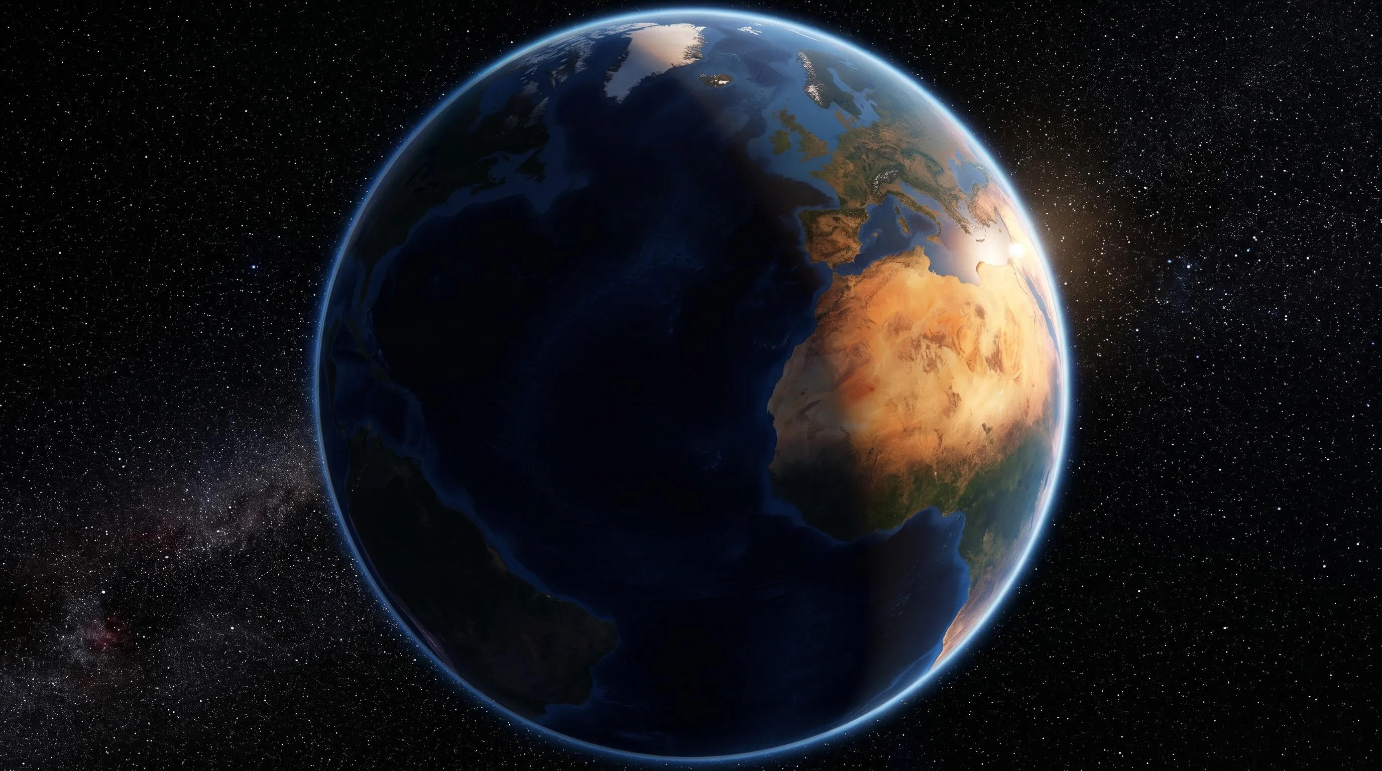 Earth from deep space against a dense starfield: the right half of the globe in daylight, Europe, the Mediterranean and a golden-ochre Sahara lit by hard sunlight from the right, with a single bright golden glint of sun on the Levant coast; the left half in deep night, the Atlantic and the edge of the Americas dark with no city lights; a soft terminator dividing the two, a thin blue atmospheric rim around the limb, and a faint band of the Milky Way in the lower left; no text anywhere.