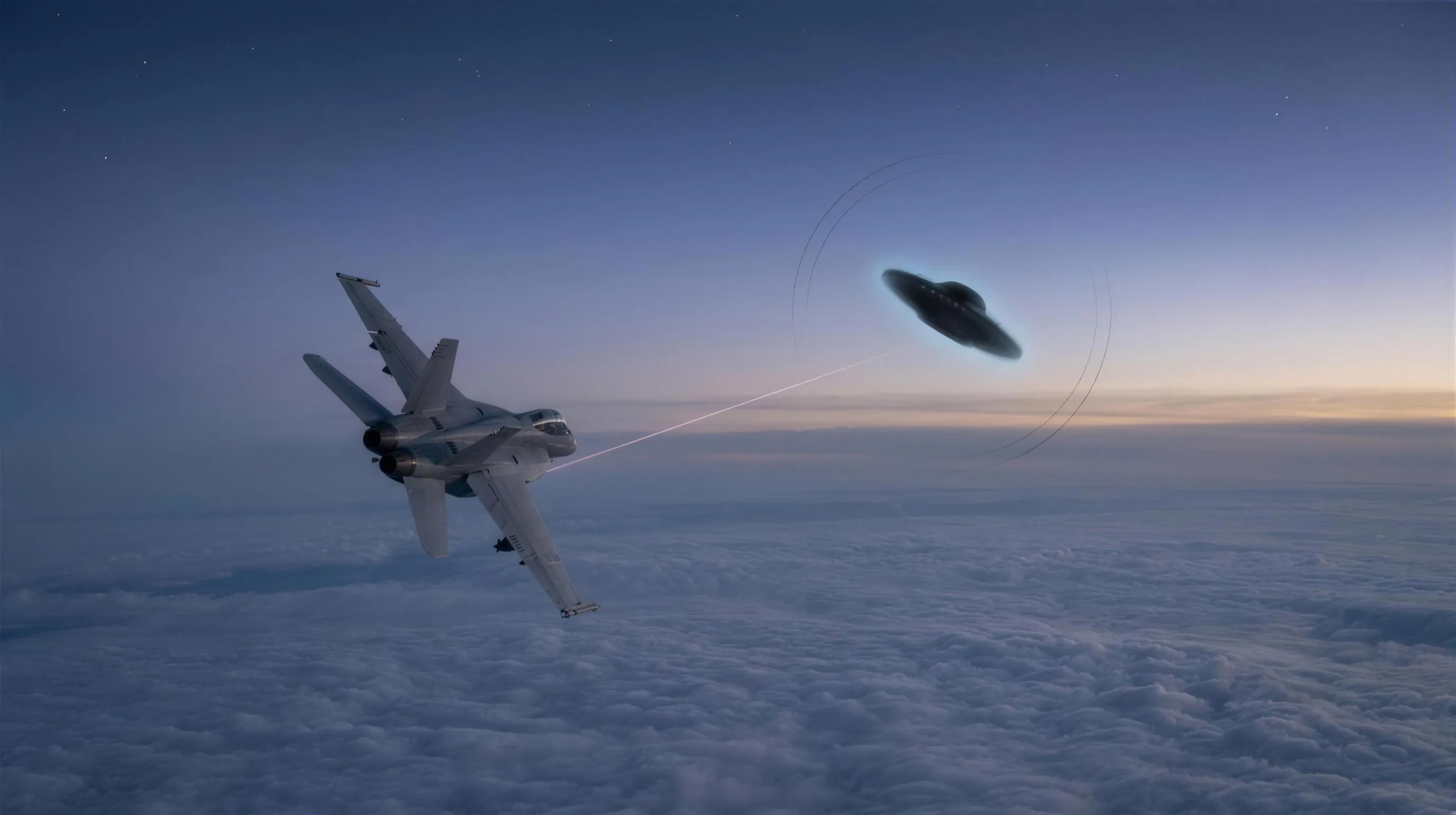 A grey F/A-18 banking left over an endless dusk cloud deck under a deep blue-violet sky with a faint amber horizon, a small dark saucer-like silhouette hanging tilted above the distant cloud line, a thin rose-tinted sensor line reaching toward it from the jet's pod, faint arc traces hinting that it rotates.