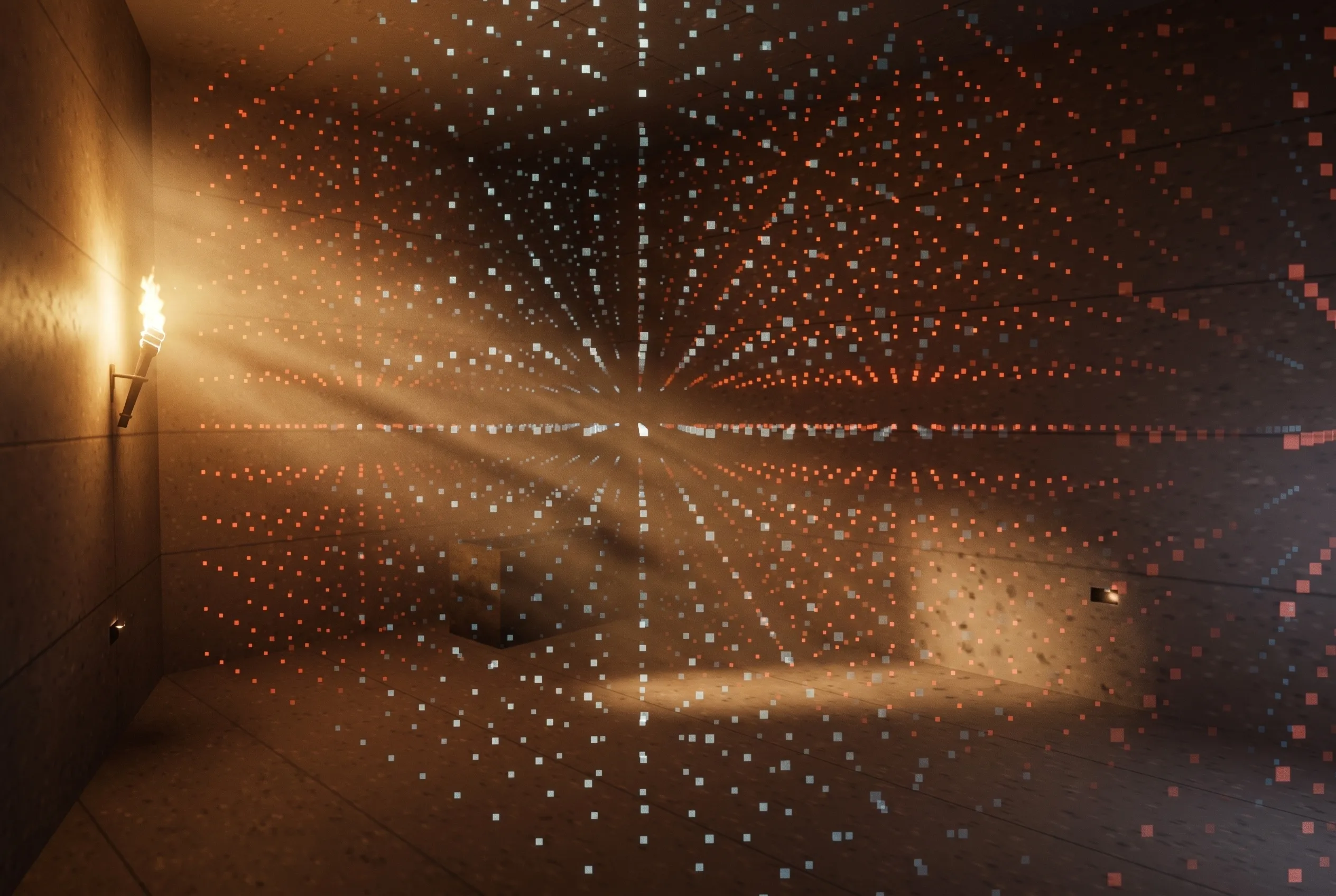 Cinematic torchlit interior of the King's Chamber of the Great Pyramid: a long rectangular room of rose-brown granite blocks with paper-thin joints, a single burning torch bracketed to the left wall throwing volumetric rays through drifting dust, and the air filled with a three-dimensional lattice of small square motes visualising a standing sound wave, ember-red where acoustic pressure runs high and pale blue where it runs low, converging on a bright nodal line at the centre of the room; a dark granite coffer stands at the far end and tiny unlit rectangular shaft mouths interrupt the side walls.