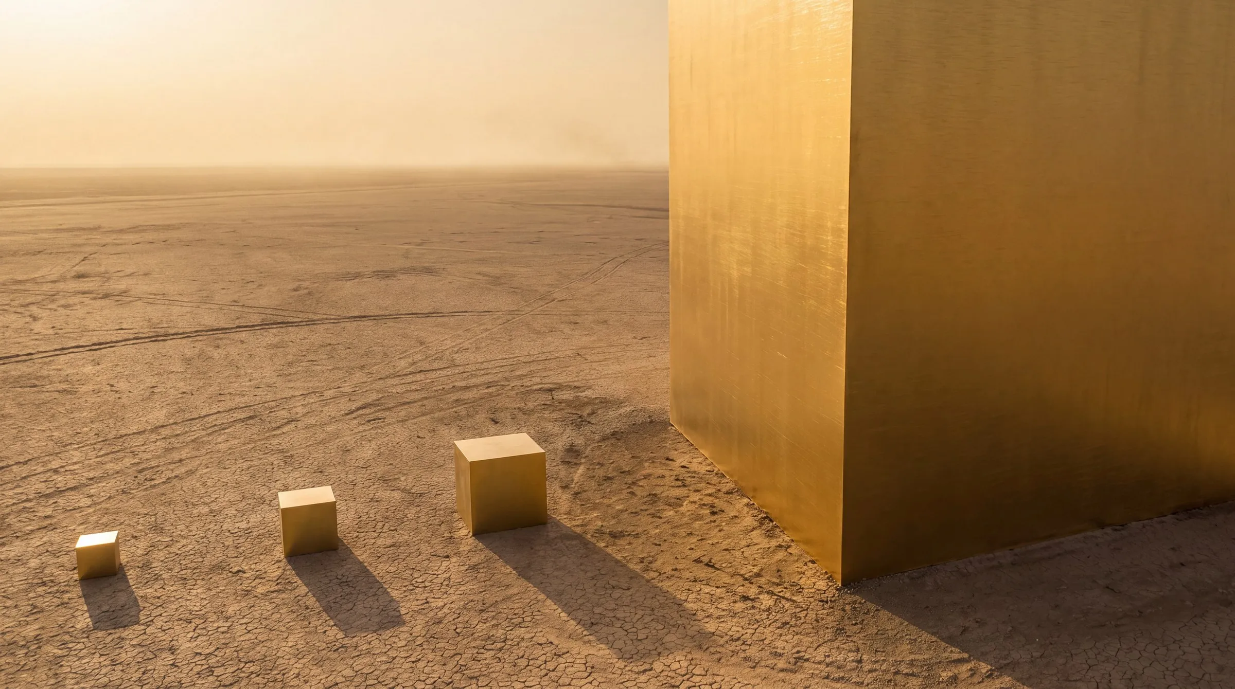 A high aerial view over a vast arid plain at golden hour: in the foreground-left a row of three small solid gold cubes stands on the ground (about 9, 14 and 22 metres on a side), each casting a long thin shadow; the right half of the frame is filled by one colossal solid gold cube, its corner toward the camera, two faces visible, its top edge far above the frame; dry cracked ground with faint tracks; a hazy amber-gold sky, a fine golden dust haze thickening toward the horizon, the sun low and diffuse; no people, no text.