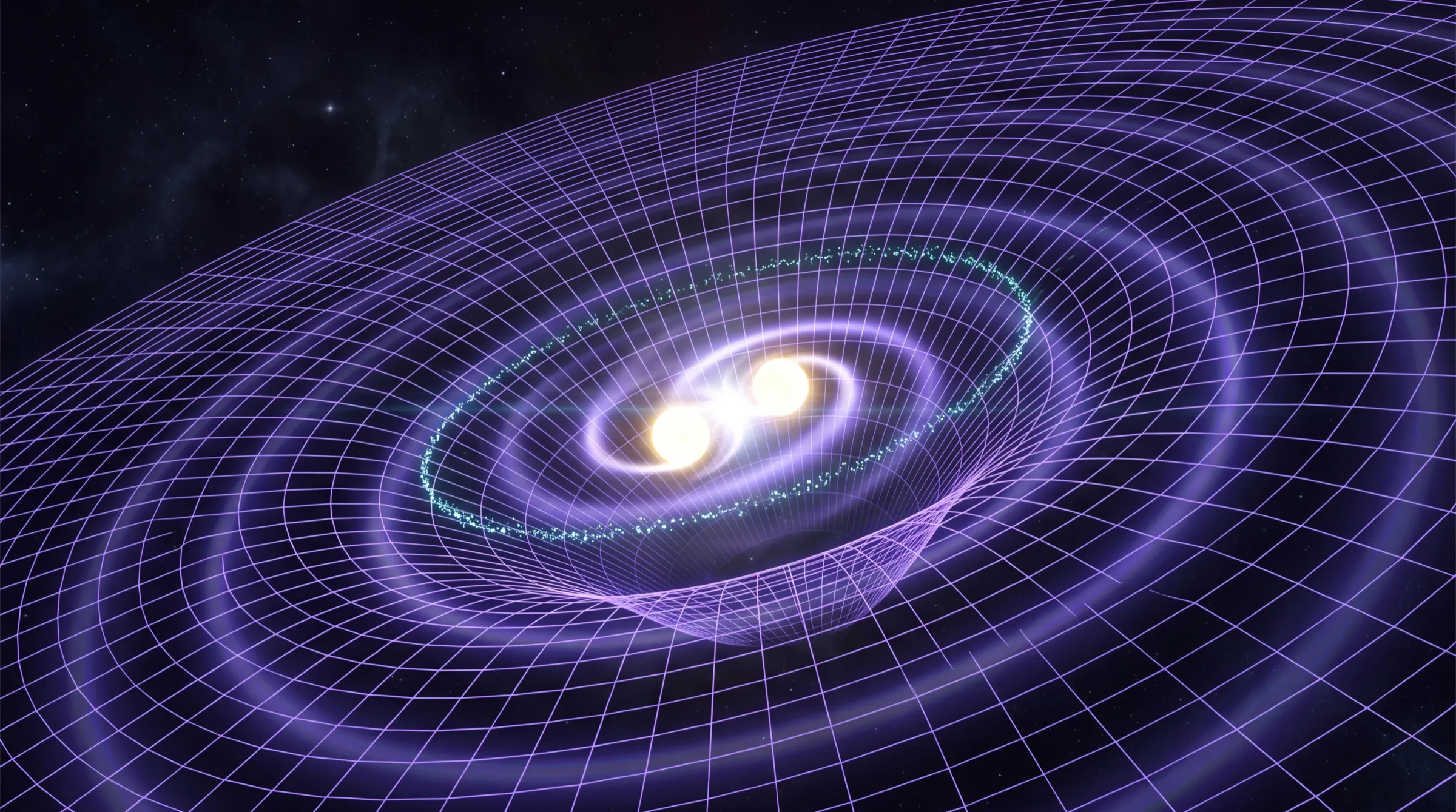 Two compact bodies spiralling together on a violet gravity-well grid, ripples of curvature spreading outward toward a LIGO detector.