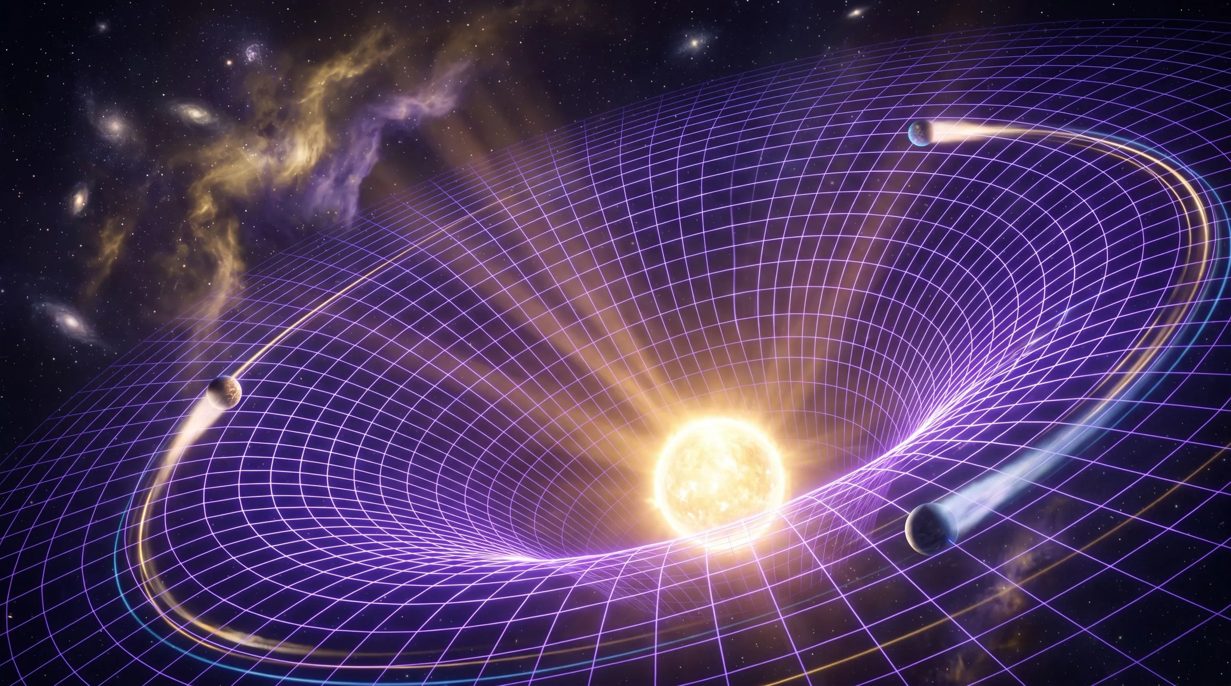 A real-time N-body simulation: a star and several planets tracing orbits over a glowing gravity-well grid.