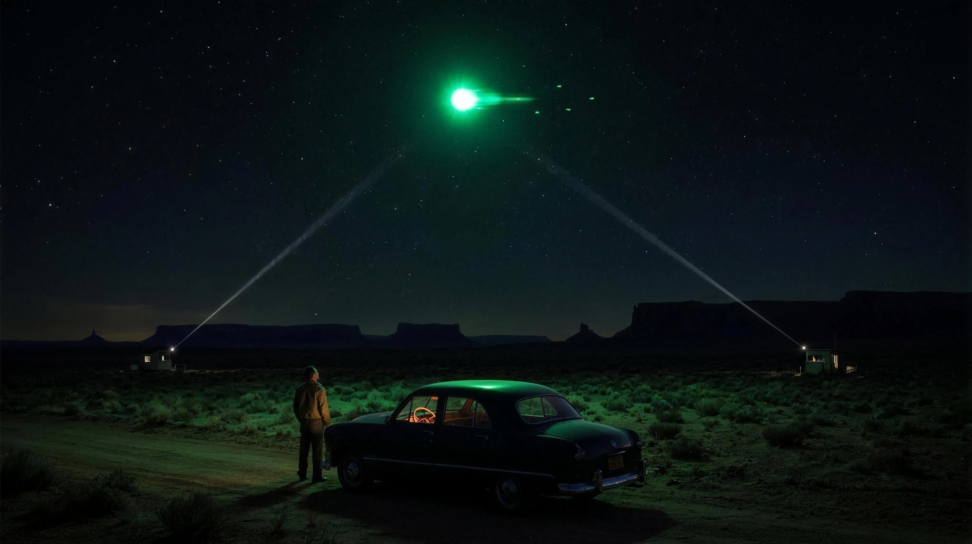 A dark New Mexico desert night under a star field: a brilliant compact emerald-green fireball hangs high in the sky with only a short horizontal streak and a few green fragments breaking off behind it; from two small observation posts far apart on the desert floor, two thin pale sight lines rise and converge exactly on the fireball, forming a tall triangle over distant black mesas; in the foreground a man stands beside a late-1940s sedan on a dirt road looking up, a faint warm dashboard glow inside the car, the ground and roof catching pale green light.