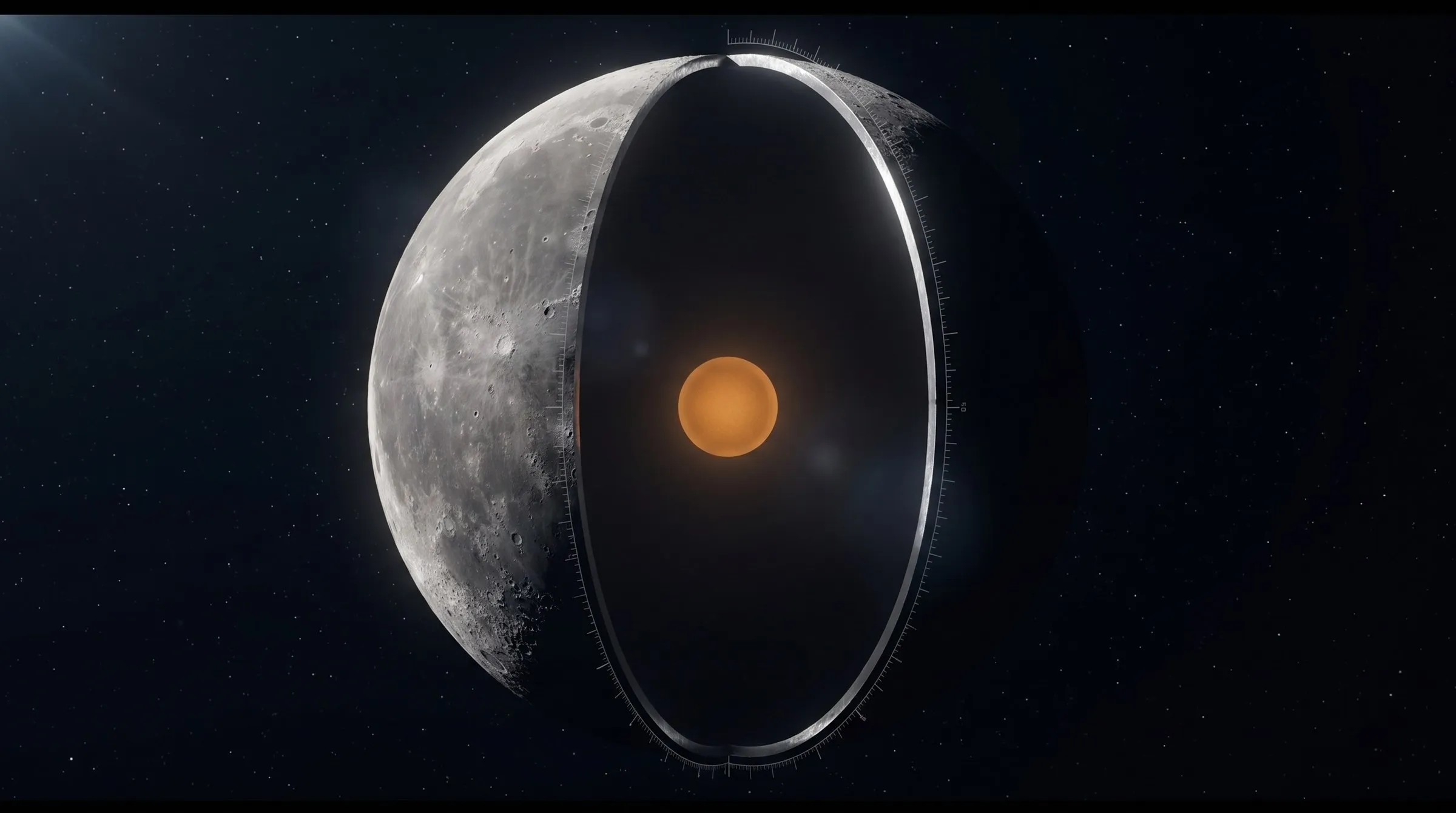 A cutaway Moon in three-quarter view against black space: the grey cratered surface sliced open along a vertical plane to reveal a thin bright metallic shell, a vast dark hollow interior and a small glowing core at the centre, rendered as a technical cross-section with faint measurement ticks along the cut.