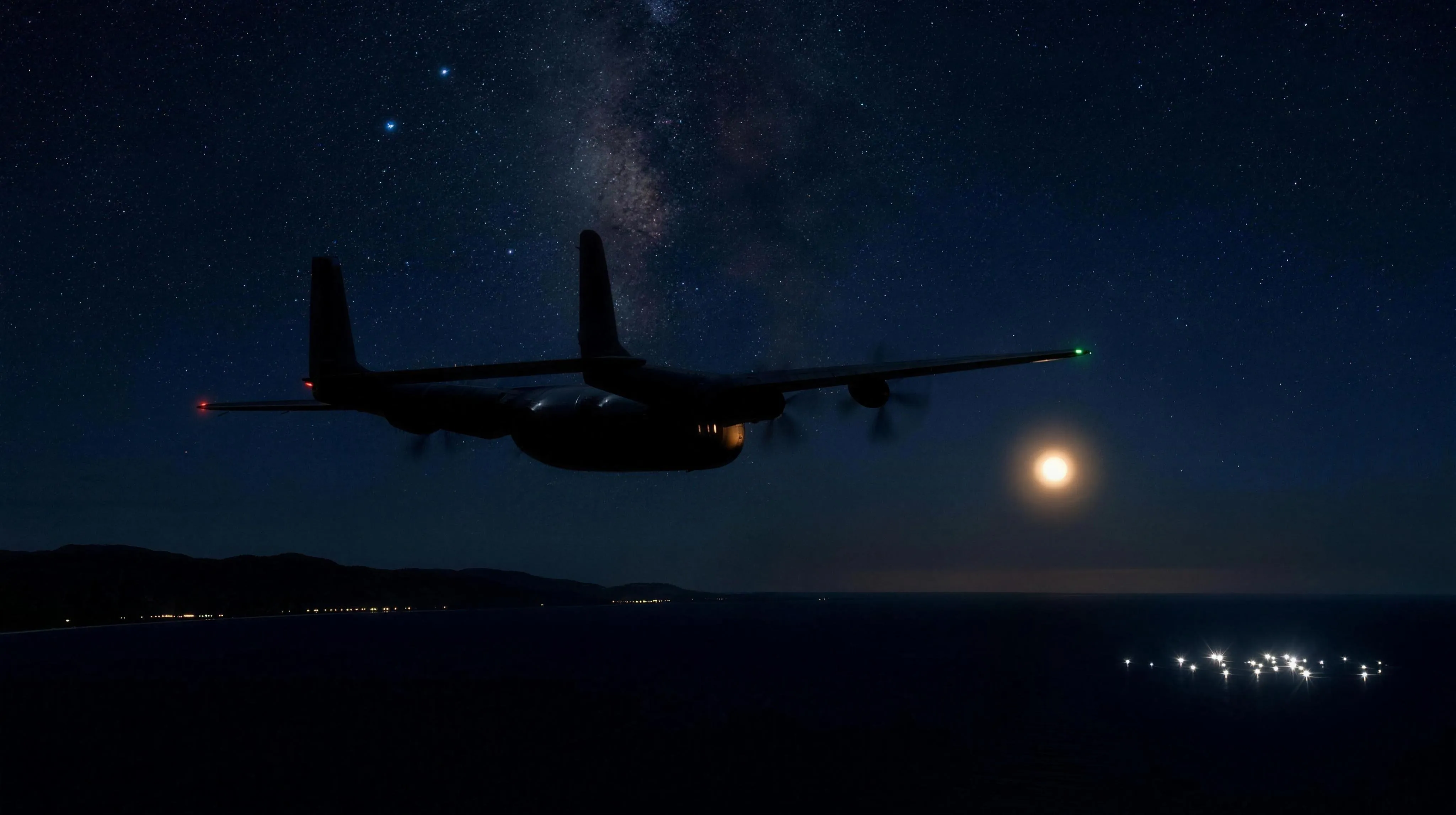 A night scene high over a black sea off the New Zealand coast: an Armstrong Whitworth Argosy freighter flies away from the camera toward the upper right as a dark silhouette, its twin tail booms running back to two vertical fins joined by a high tailplane, four turboprops turning under a straight high wing, landing gear up; a red navigation light burns at the port wingtip on the left of frame and a green one at the starboard wingtip on the right, with a warm glow at the cockpit windows; out past the starboard wing hangs one soft amber-white orb of light, the brightest thing in the frame, and the sea directly beneath it is dark with no reflection on the water; far below toward the lower right a tight cluster of brilliant white points glows like a distant squid fishing fleet, each sparkling on the swell; a thin line of shore lights traces a coastline under low black hills along the left horizon; the Milky Way stands over the aircraft in a deep indigo star field with one bright bluish-white point high in the upper left; there is no moon anywhere in the frame.