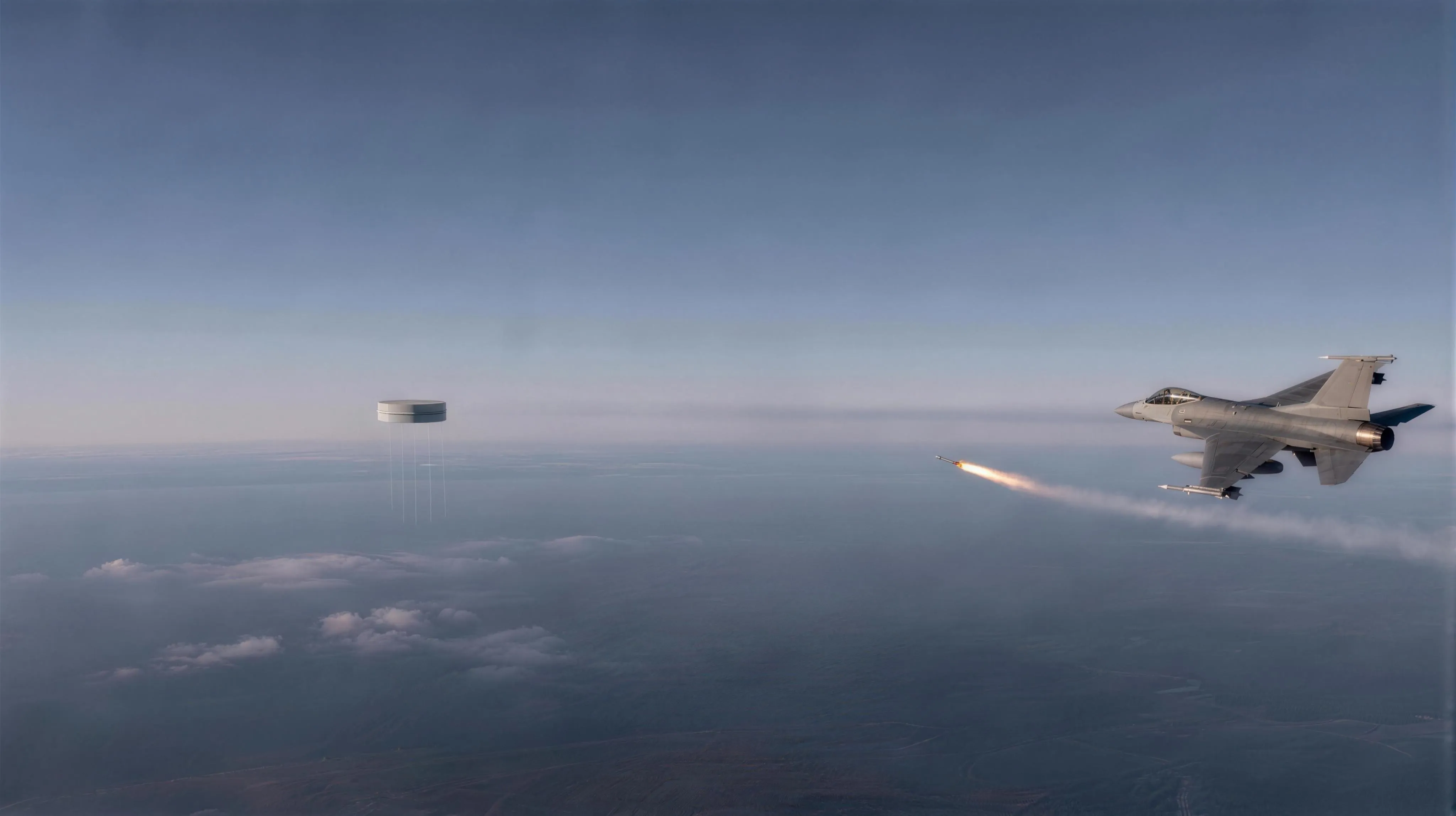 A vast winter sky seen from a chase aircraft at altitude, early afternoon: far below, the hazy steel-blue expanse of a great lake fades to a pale horizon under thin scattered clouds, with the faint dark line of a distant shore; in the centre of the frame hangs a small pale faceted octagonal object with several thin strings trailing beneath it; to the right a clean grey F-16 fighter banks toward it, a just-launched Sidewinder missile streaking ahead of the jet on a bright orange exhaust flame, its white smoke trail curling back past the aircraft; low winter sunlight models the jet and the object against the enormous quiet blue.