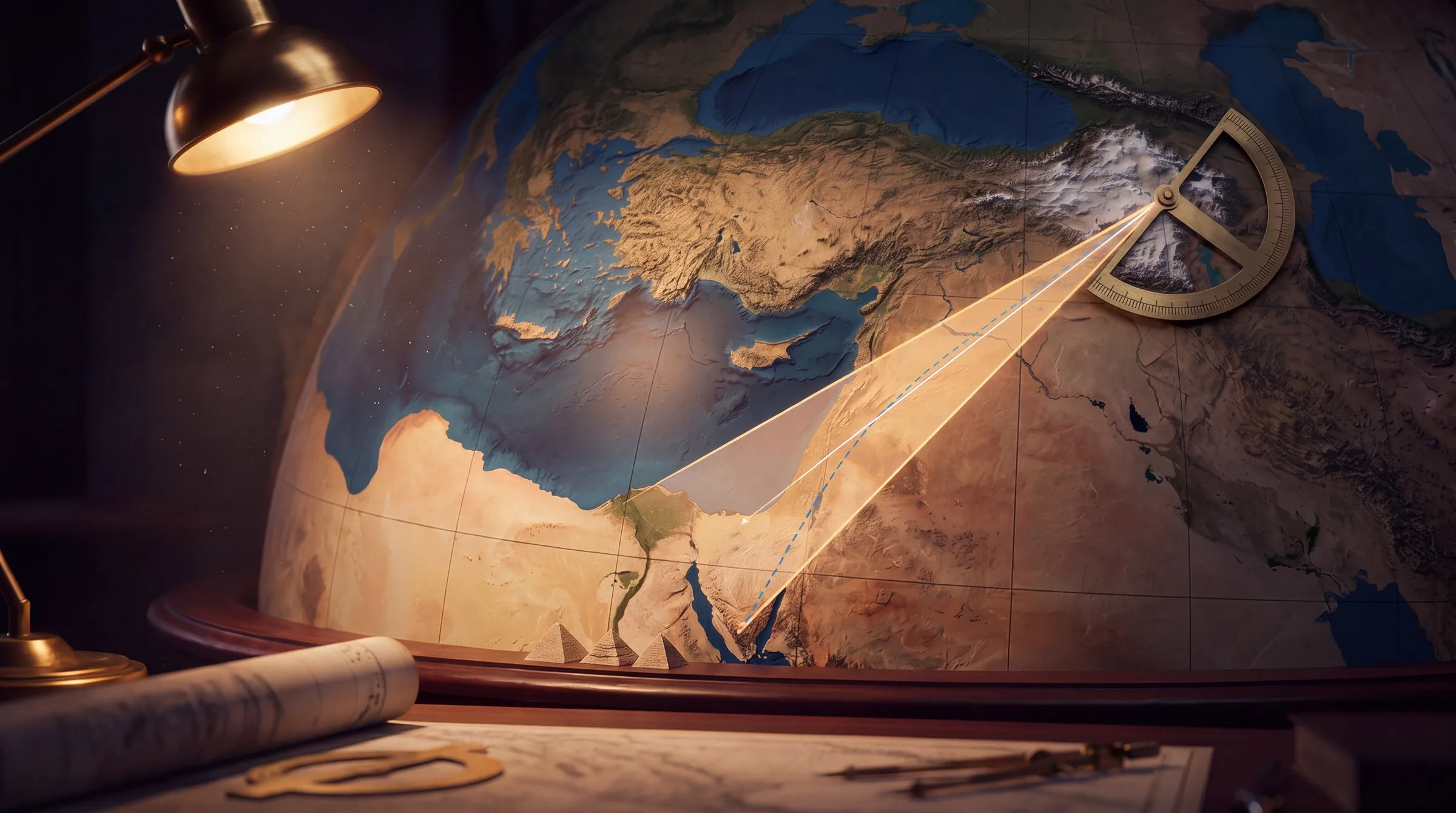 A night-time cartographer's room: a large relief globe of the eastern Mediterranean and the Near East under a single brass lamp; on its surface a thin wedge of amber light runs from the snowy highlands around Ararat in the north-east down to the Nile delta and the southern Sinai, with a dashed blue line curving inside it; a brass protractor with plain tick marks is pinned at the wedge's point, reading against the etched graticule; three small stone pyramids stand on the globe's wooden rim below the delta; a rolled chart and brass dividers lie on the table in the foreground; no text anywhere.