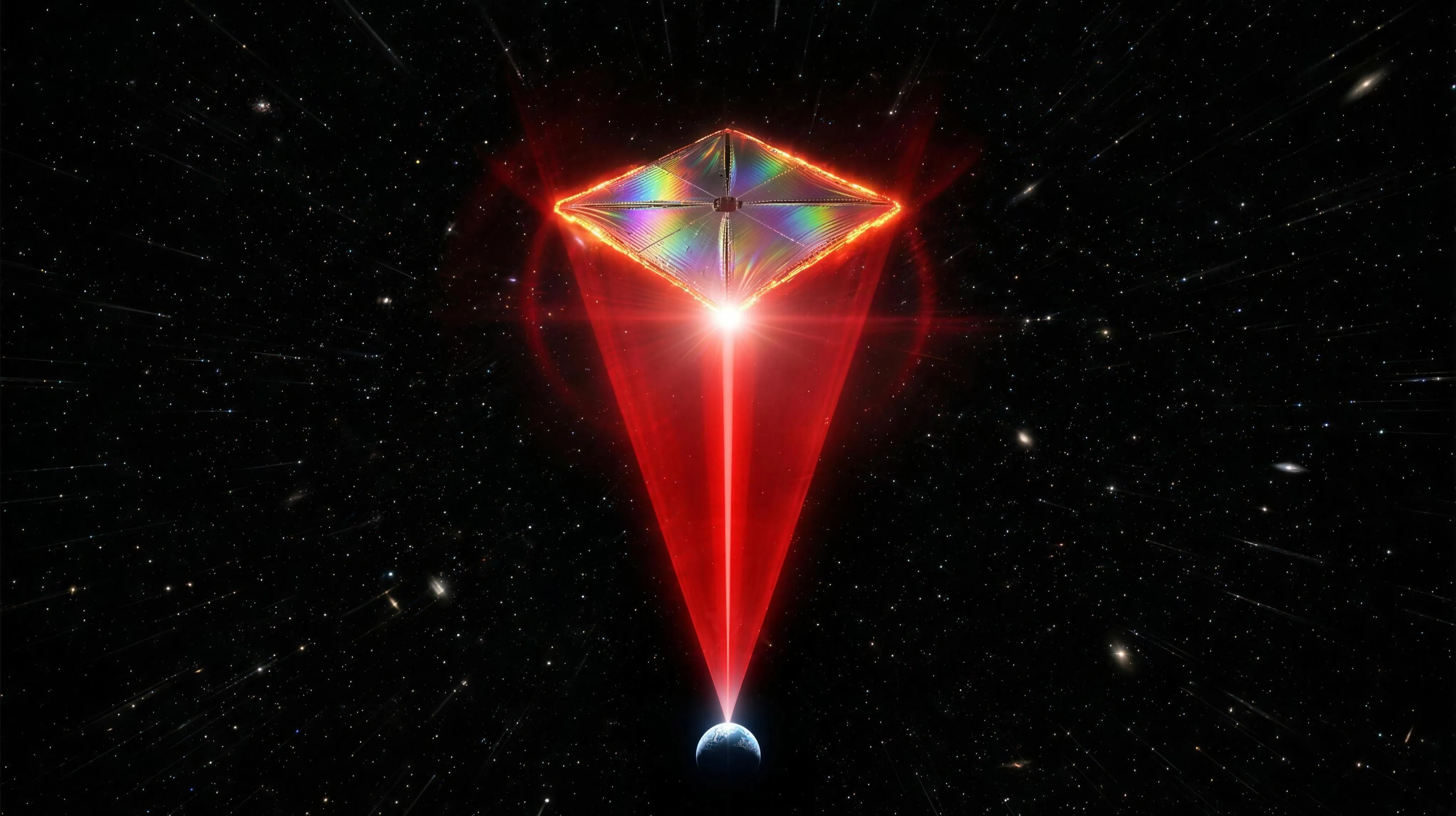 A diamond-shaped light sail of iridescent rainbow film, its rim glowing ember-orange, riding the apex of an immense crimson laser beam rising from a small blue Earth below, against a black starfield.