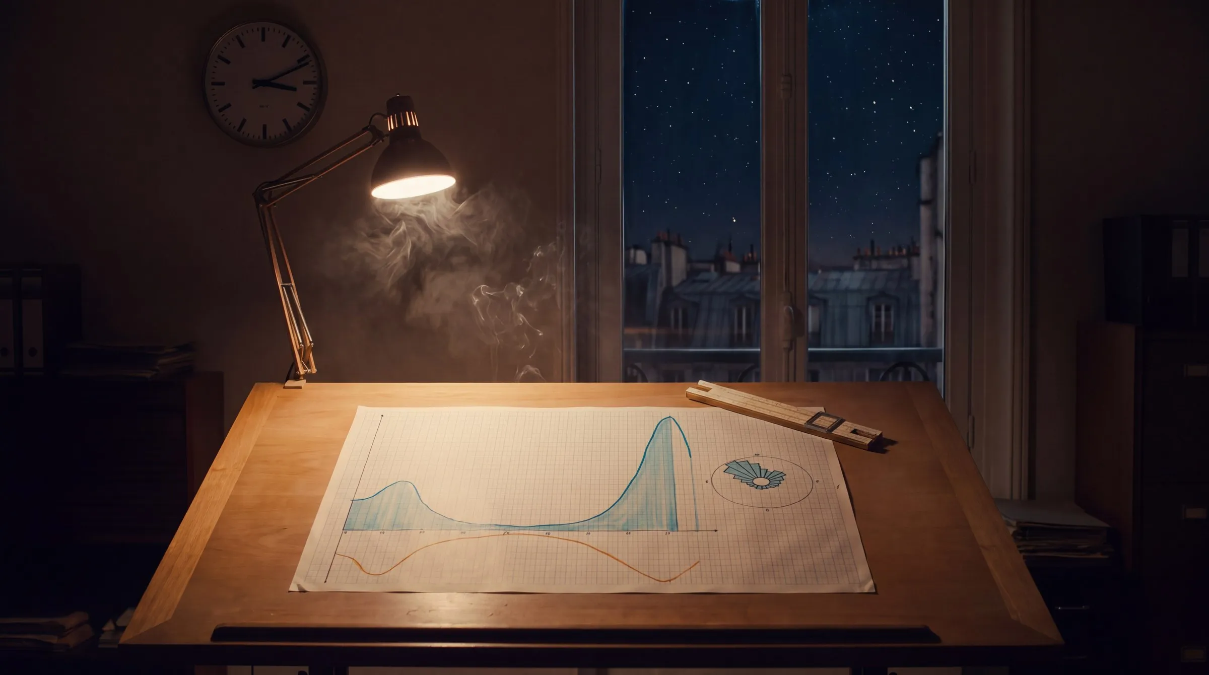 A dark 1970s records office at night: on a large drafting table under a single anglepoise lamp lies a big sheet of graph paper carrying a hand-inked chart, a tall cyan curve rising steeply to a narrow evening peak with a small secondary hump far to its left, a faint amber curve sweeping through its own lane beneath the axis, and a small hand-inked polar rose diagram whose wedges mass on the upper left of its circle; a wooden slide rule rests on the sheet, a plain round wall clock with stick markings and no numerals reads just past ten in the evening, a tall window shows starry night sky over mansard rooftops, thin smoke drifts through the lamplight; no people, no text anywhere.