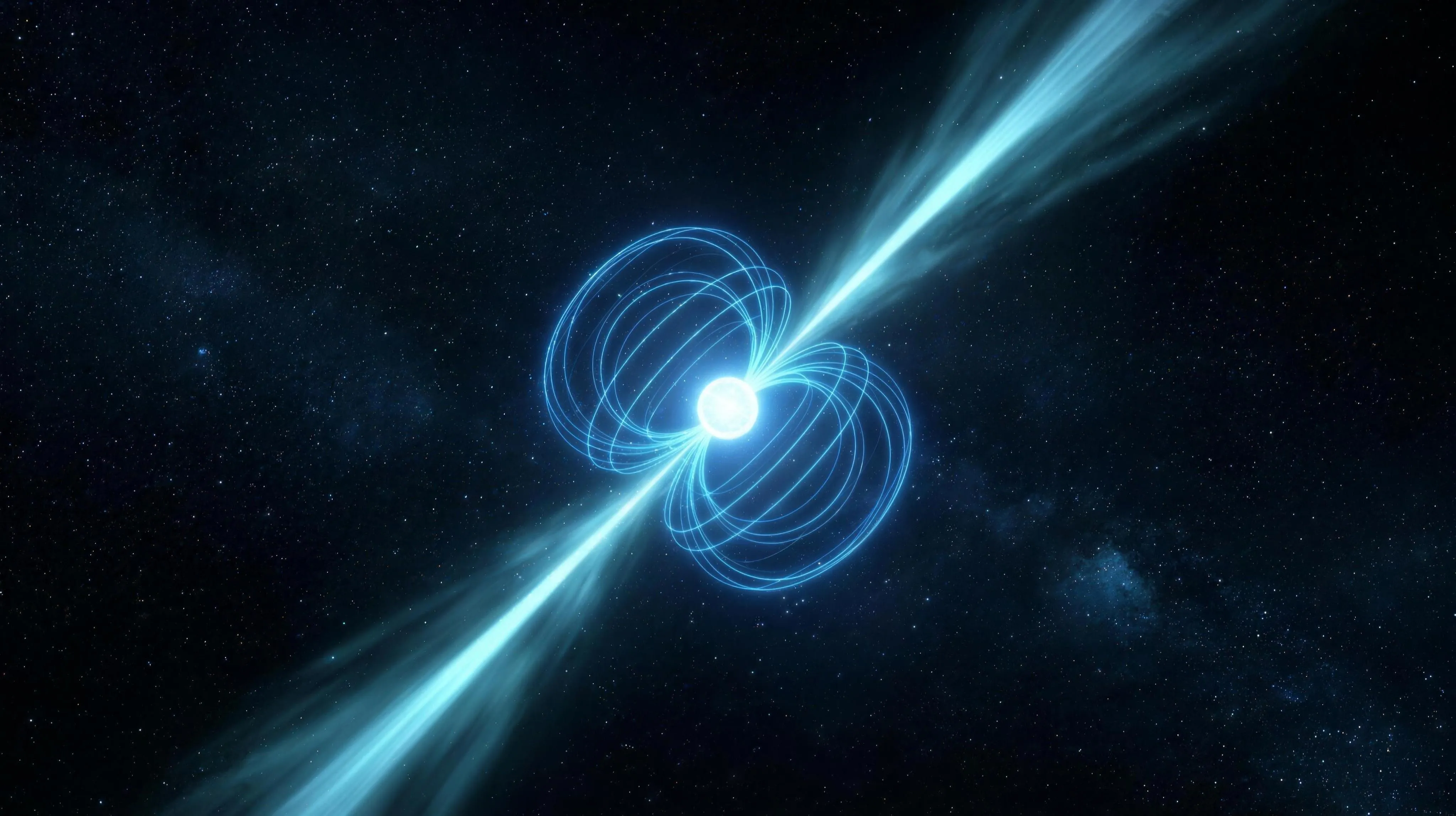 A city-sized neutron star wrapped in glowing blue dipole field lines, two brilliant ice-cyan radio beams sweeping from its tilted magnetic poles across a dark starfield.