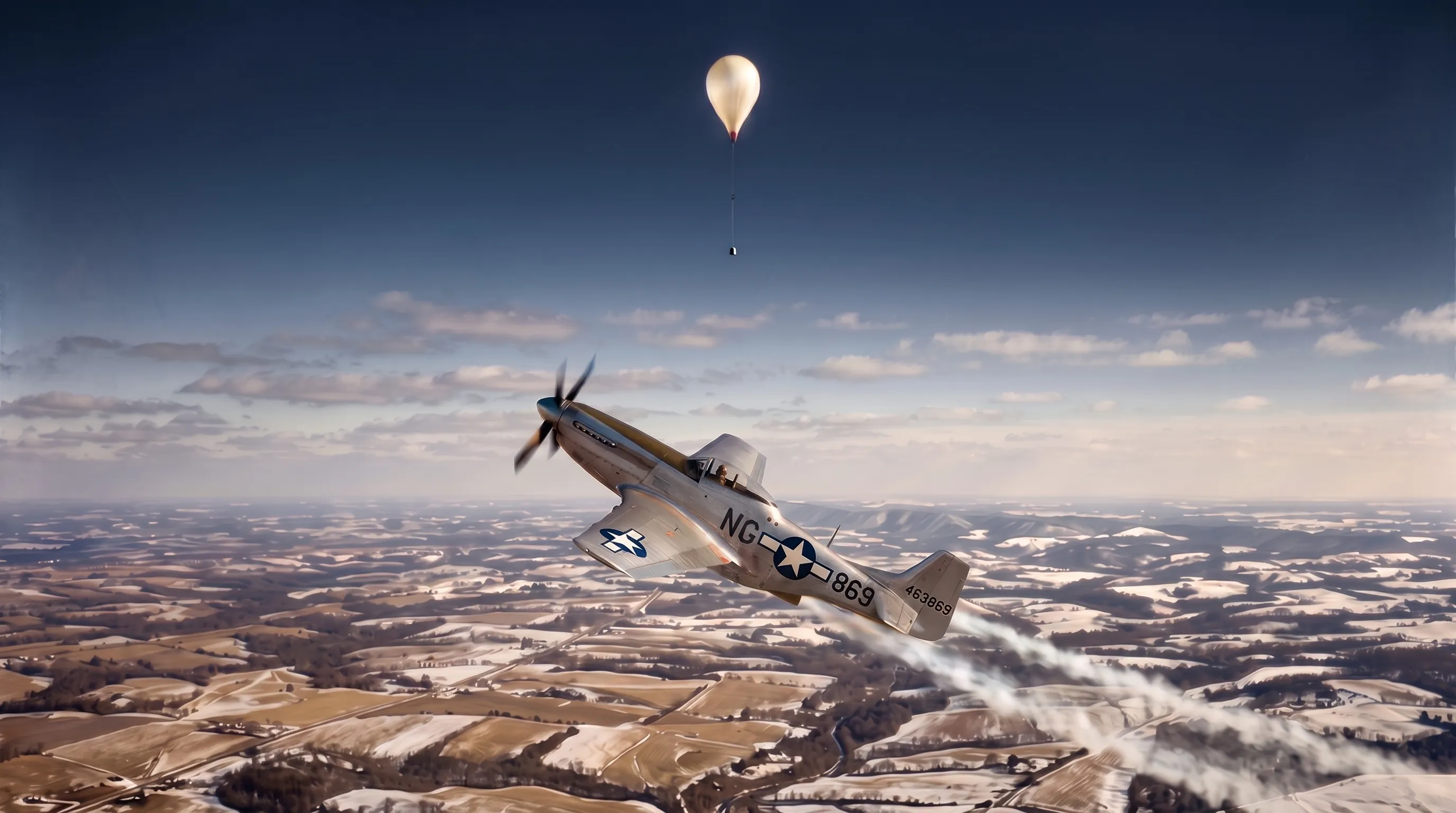 A polished bare-metal P-51D Mustang climbing steeply through a winter afternoon sky over patchwork Kentucky farmland, thin contrail behind it, while far above a small brilliant white pear-shaped balloon glows in the deep blue with a faint red fringe at its base, the gap between fighter and balloon reading as enormous.