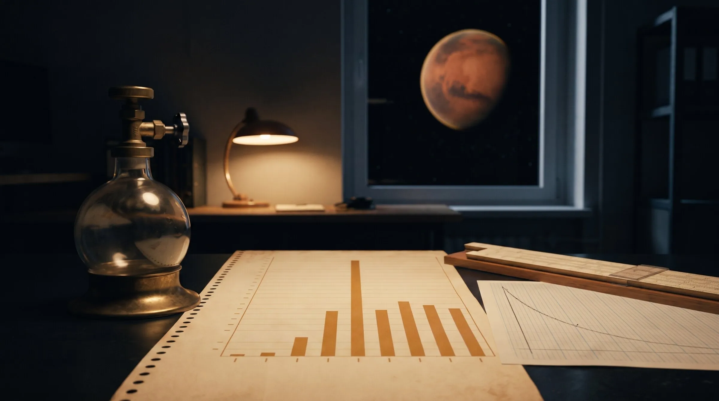 A planetary-science laboratory bench at night: in the foreground a brass-and-glass xenon sample flask and a printed isotope spectrum on a strip of chart paper, nine bars with one standing far above the others; behind it, seen through a tall window, the rust-coloured disc of Mars hangs in black space with a faint ochre limb, the northern plains toward the top; a slide rule and a pencilled half-life curve lie beside the chart; no people, no legible text.