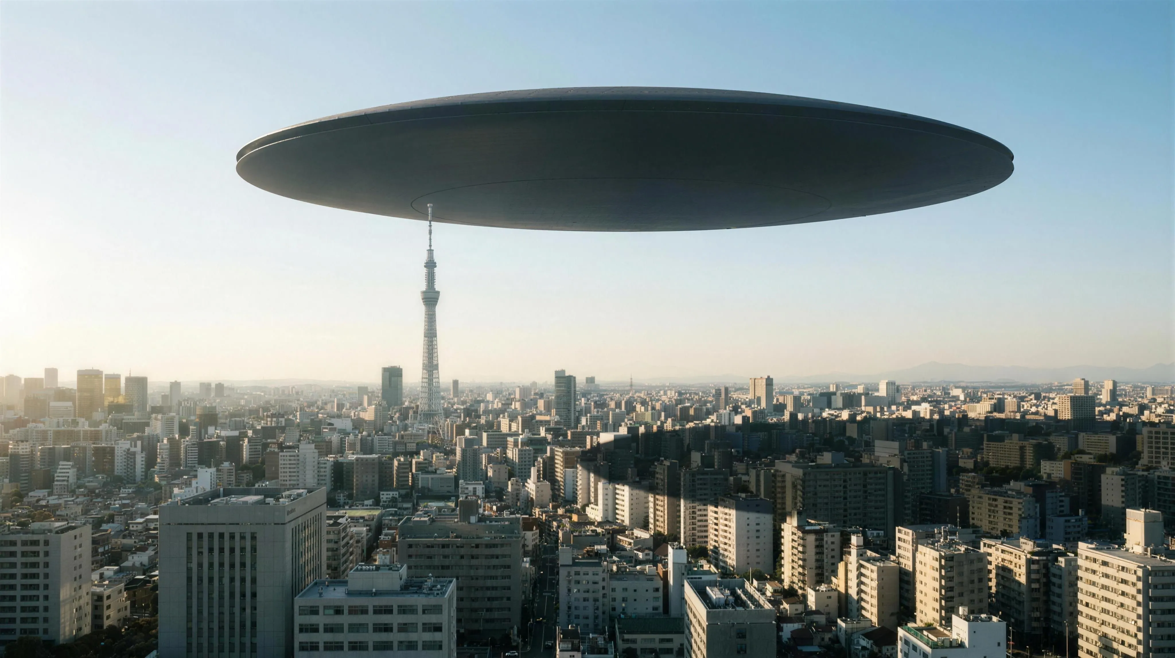 A vast dark lens-shaped hull hangs over a dense modern city in low afternoon light, spanning most of the sky; a slender white broadcast tower rises from the streets to just beneath its underside; with the sun low on the left, the hull's huge elliptical shadow lies far to the right of the point below it, its clean straight edge cutting across whole blocks, while the buildings directly beneath stand in sunlight; thin haze, no text anywhere.