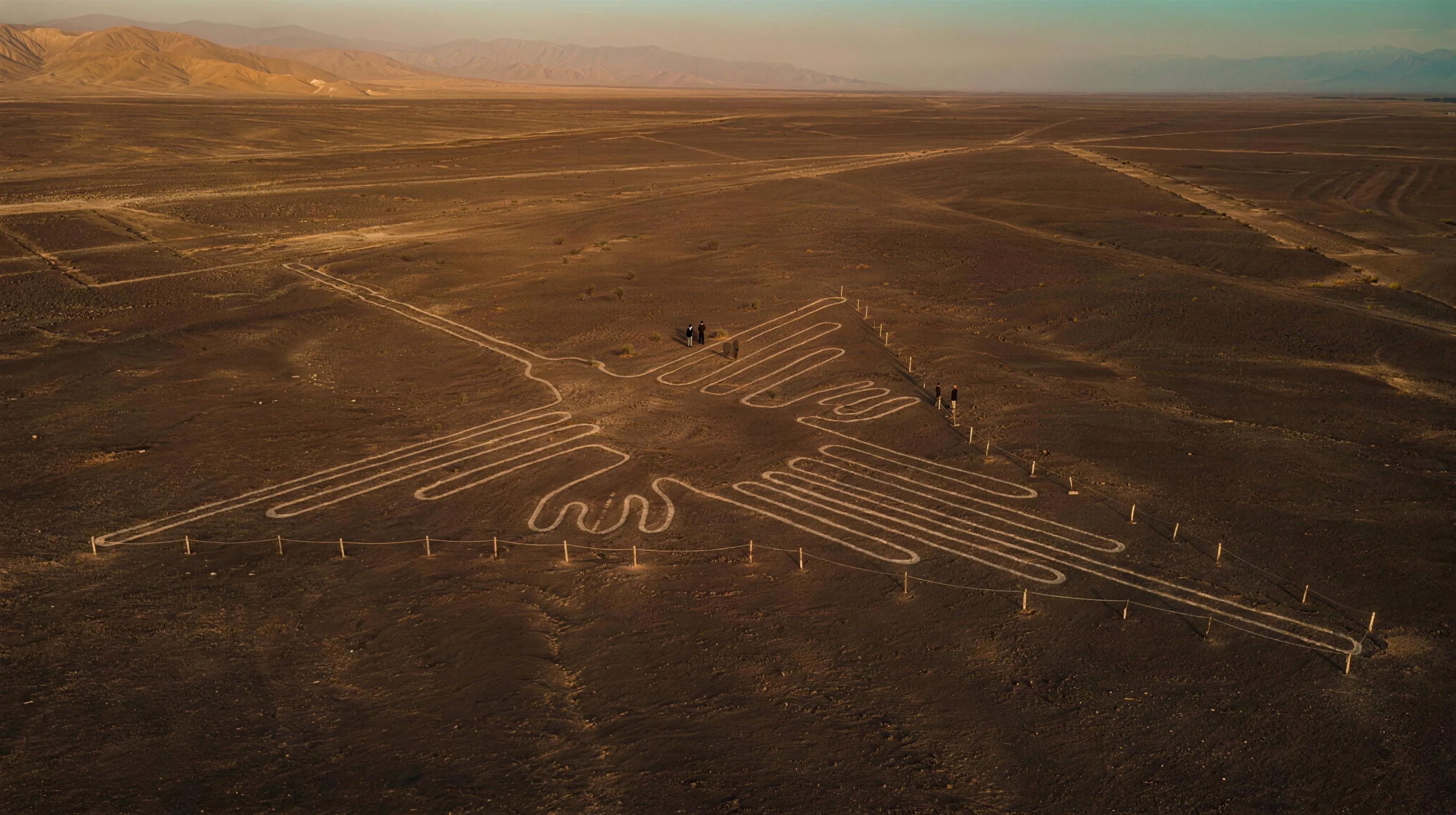 The Nazca pampa at low evening sun, seen from an oblique aerial vantage: a huge bird geoglyph with broad outstretched wings fills the centre of the frame, drawn as long pale cream bands that turn back on themselves without ever crossing, cut into dark reddish-brown desert pavement, with a serpentine body at its centre and a narrow neck line running to the upper left; a line of short wooden posts strung with a pale cord follows the ground along the outside of one wing and the tail, and two pairs of tiny human figures stand near the lines for scale; long dead-straight lines and the corners of cleared rectangles cross the plain behind it toward layered ochre mountain ranges on a hazy horizon; no text anywhere.