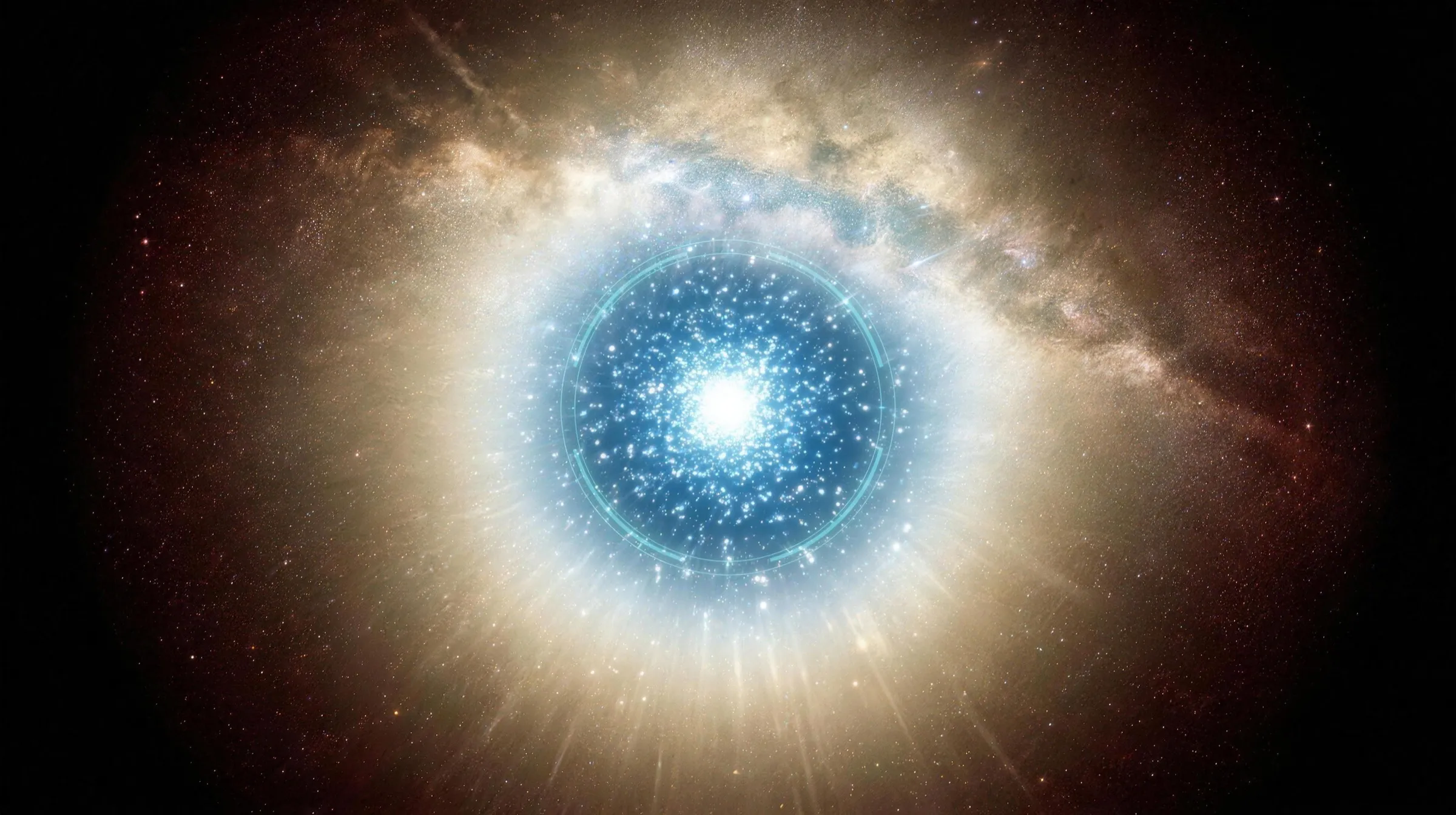 The sky at near-light speed: the star field swept forward into a brilliant blue-white disc dead ahead, encircled by a thin teal instrument ring, with the Milky Way flung outward into a golden halo and the sky reddening to black at the edges.