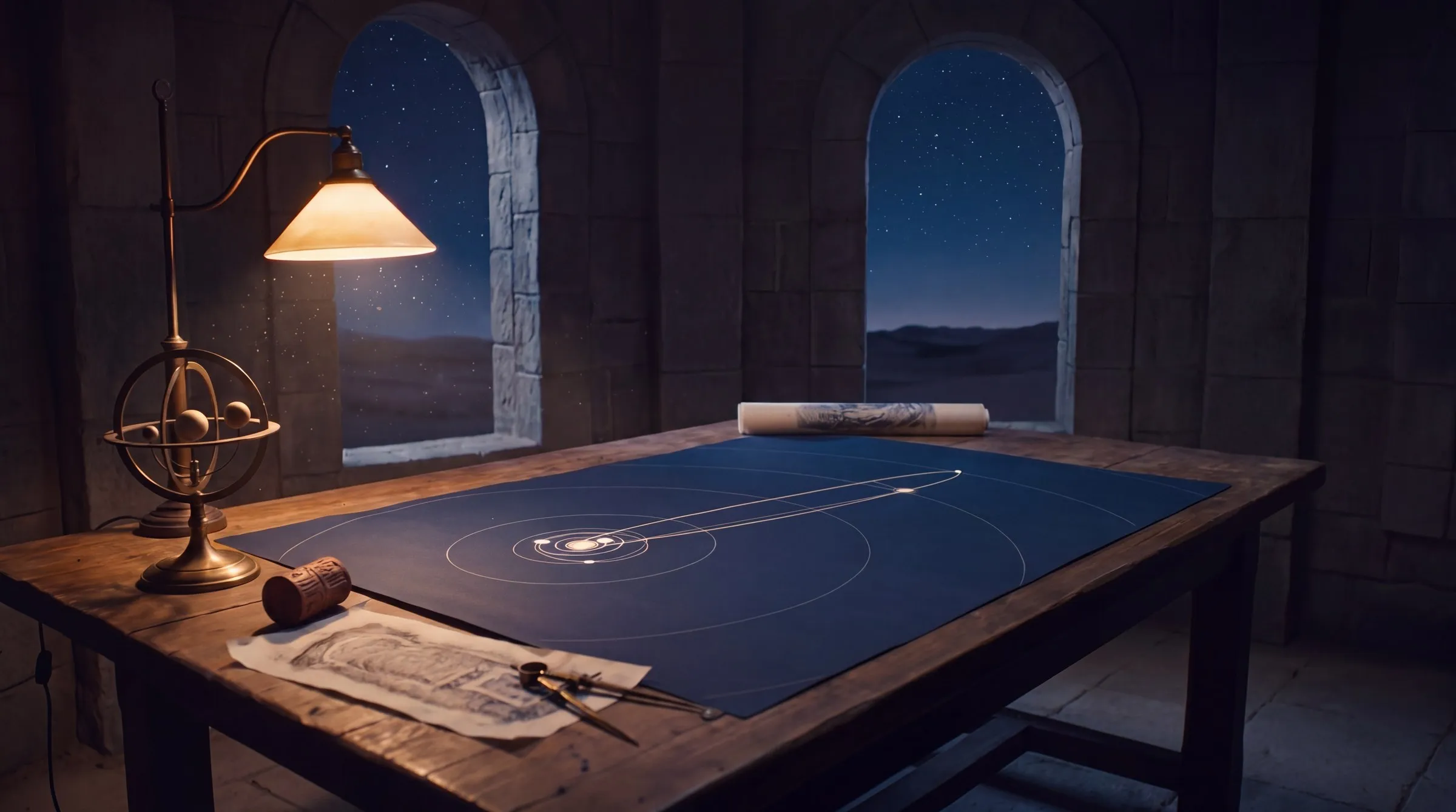 A dark stone observatory workroom at night: on a broad old wooden table under a single warm shaded lamp lies a large star chart drawn in white and gold ink on deep blue, a small tight cluster of concentric planetary rings around a bright centre near its left side and one enormously elongated thin ellipse sweeping from those rings across the sheet, a small bright dot on its far arc; a brass orrery of the inner planets, a clay cylinder seal on its side, a rolled scroll, a flat tablet rubbing and a pair of brass dividers rest on the table; through two tall arched stone windows a starry night sky over a desert horizon; no people, no text anywhere.
