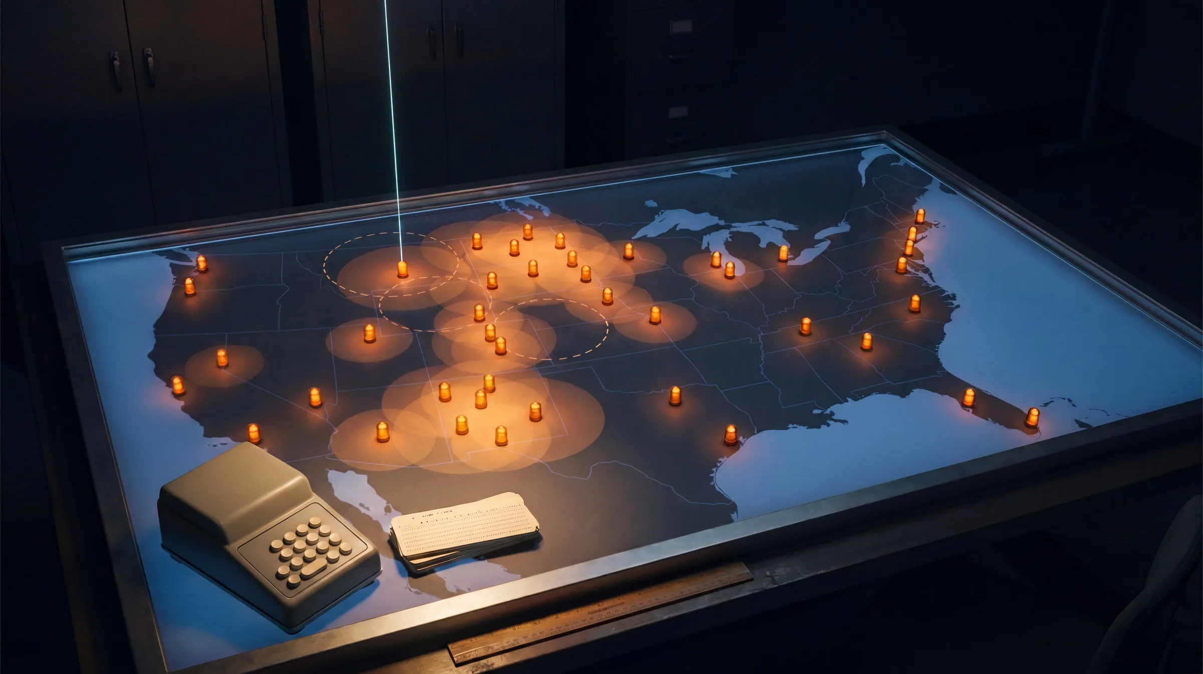 A night map room: a large backlit map of the continental United States laid flat on a steel table, dotted with dozens of small amber markers concentrated over the northern plains and the southwest, each casting a soft circular glow that overlaps into a broad wash of amber across the map; over one Montana marker a thin cyan thread of light rises toward the dark ceiling; at the table edge, a compact mechanical adding machine with blank round keys, a stack of cream punched cards and a wooden ruler sit on the lit map; no text anywhere.