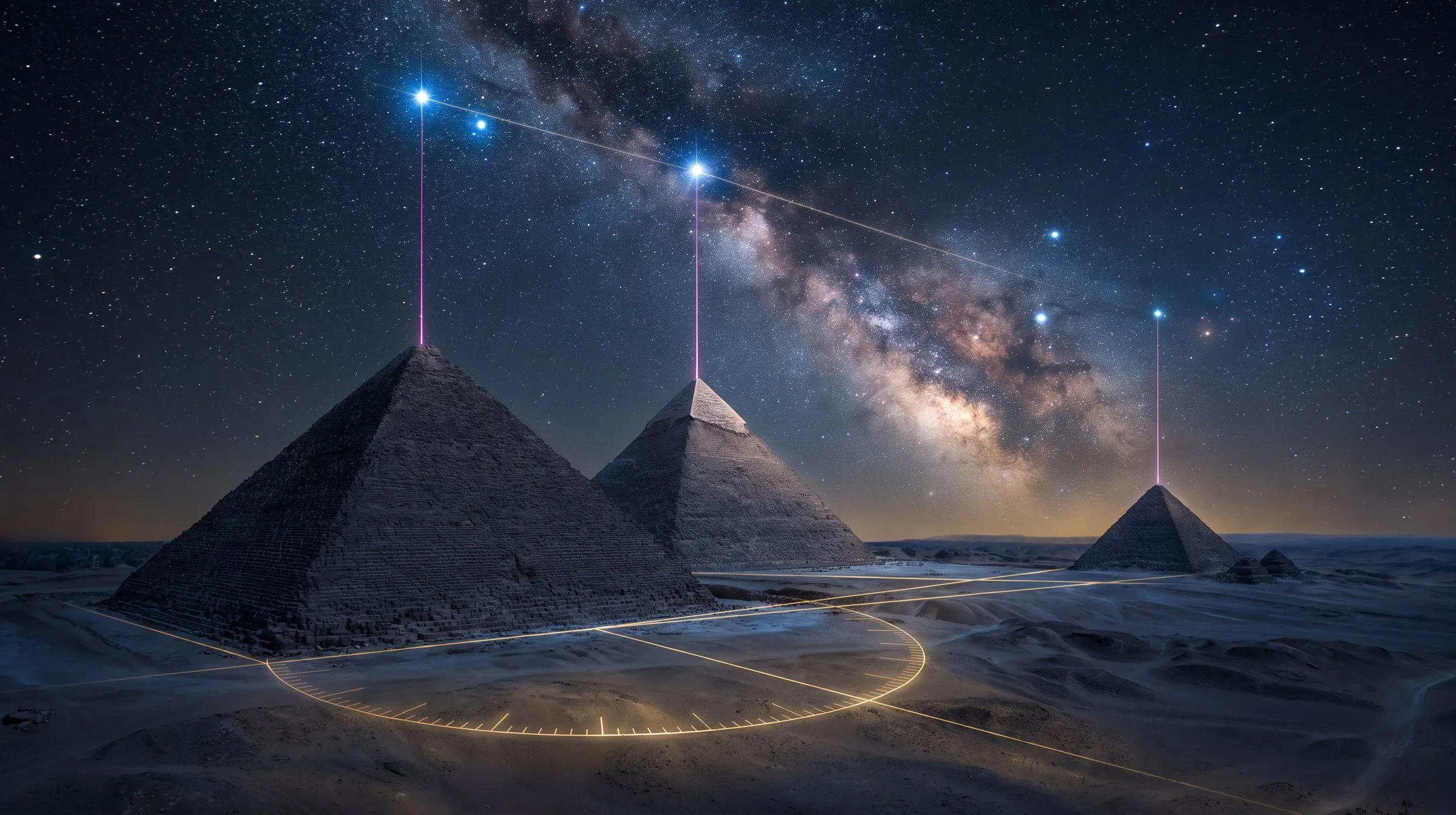 The three pyramids of Giza at night under a deep indigo sky, Khufu nearest and Menkaure clearly smaller in the distance, the three stars of Orion's Belt burning overhead with the Milky Way rising diagonally behind them, a hair-thin vertical magenta line dropping from each belt star straight to the apex of its pyramid, and faint gold survey lines and a ticked protractor arc glowing on the sand.
