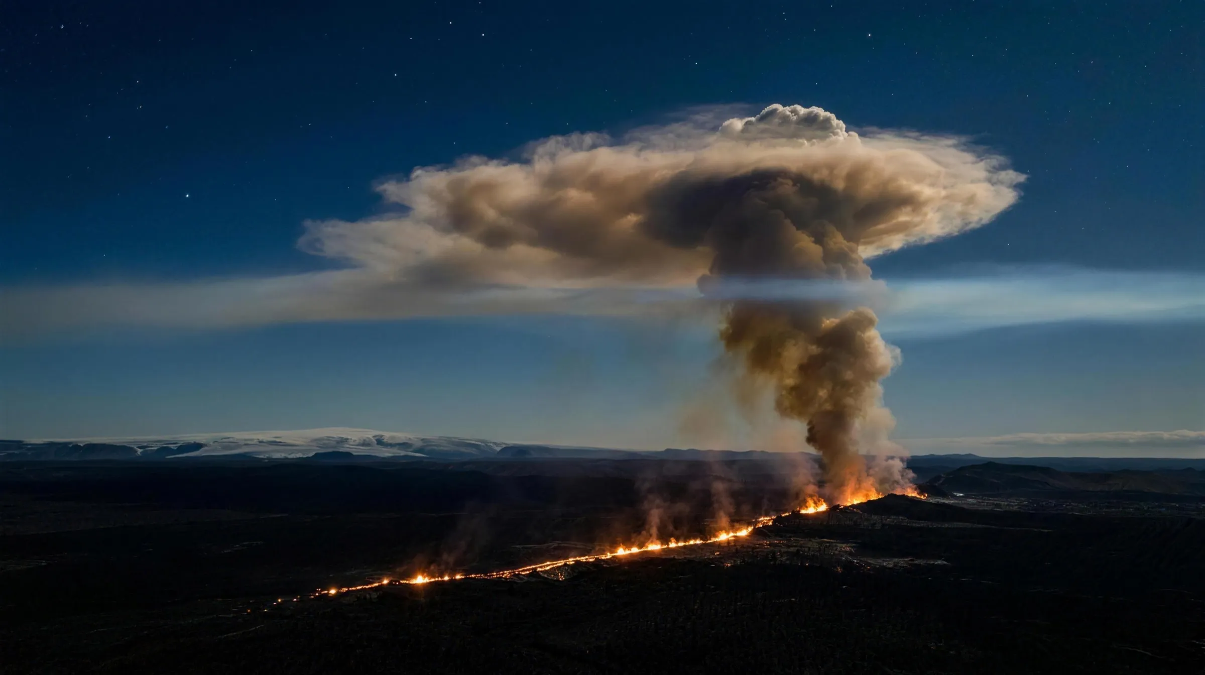 A subarctic night scene at true monumental scale: a kilometres-long volcanic fissure splits a black basalt plain, its curtain of orange-gold fire fountains small against the scene, feeding one towering grey-amber convective column that climbs past a thin, faintly luminous pale-blue haze layer stretched flat across the sky like a ceiling; above that layer the column spreads into a wide veil, with a pale ice-cap horizon along the left of the frame, under deep indigo sky with sparse stars.