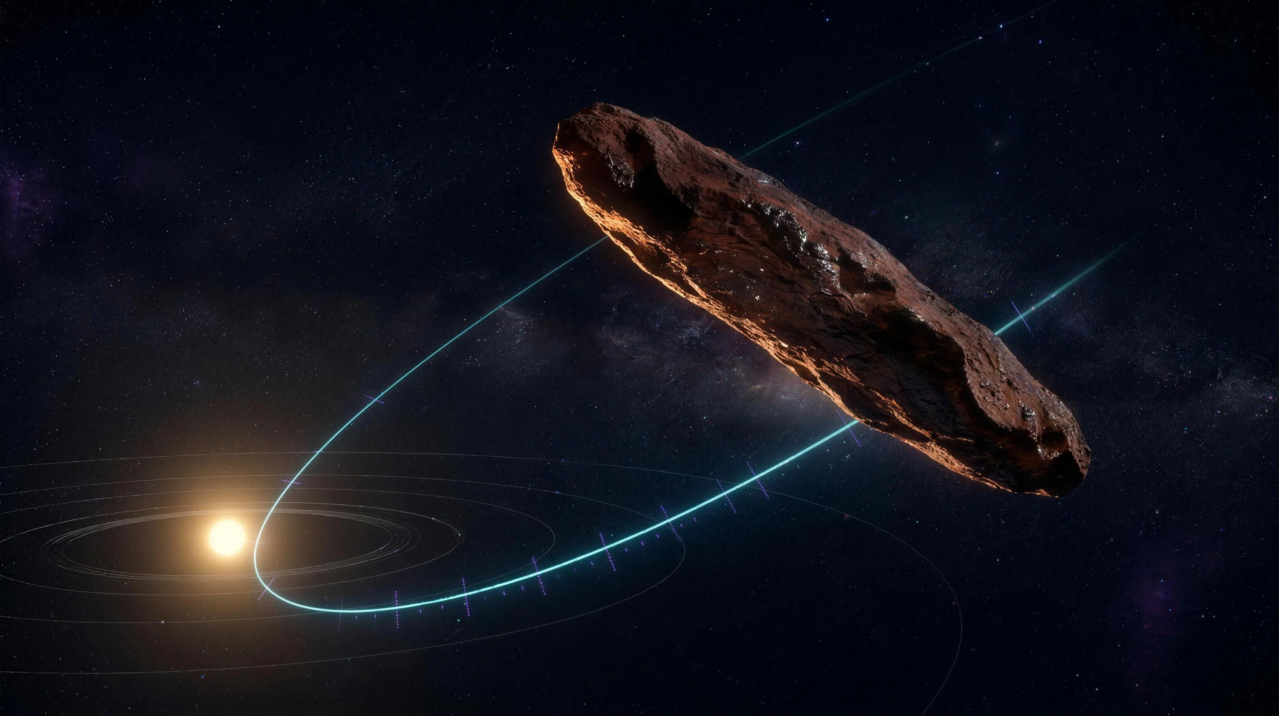 An elongated reddish-brown interstellar object tumbling through deep space, rim-lit in amber by a distant Sun, a cyan hyperbolic trajectory sweeping past hairline planet orbits.