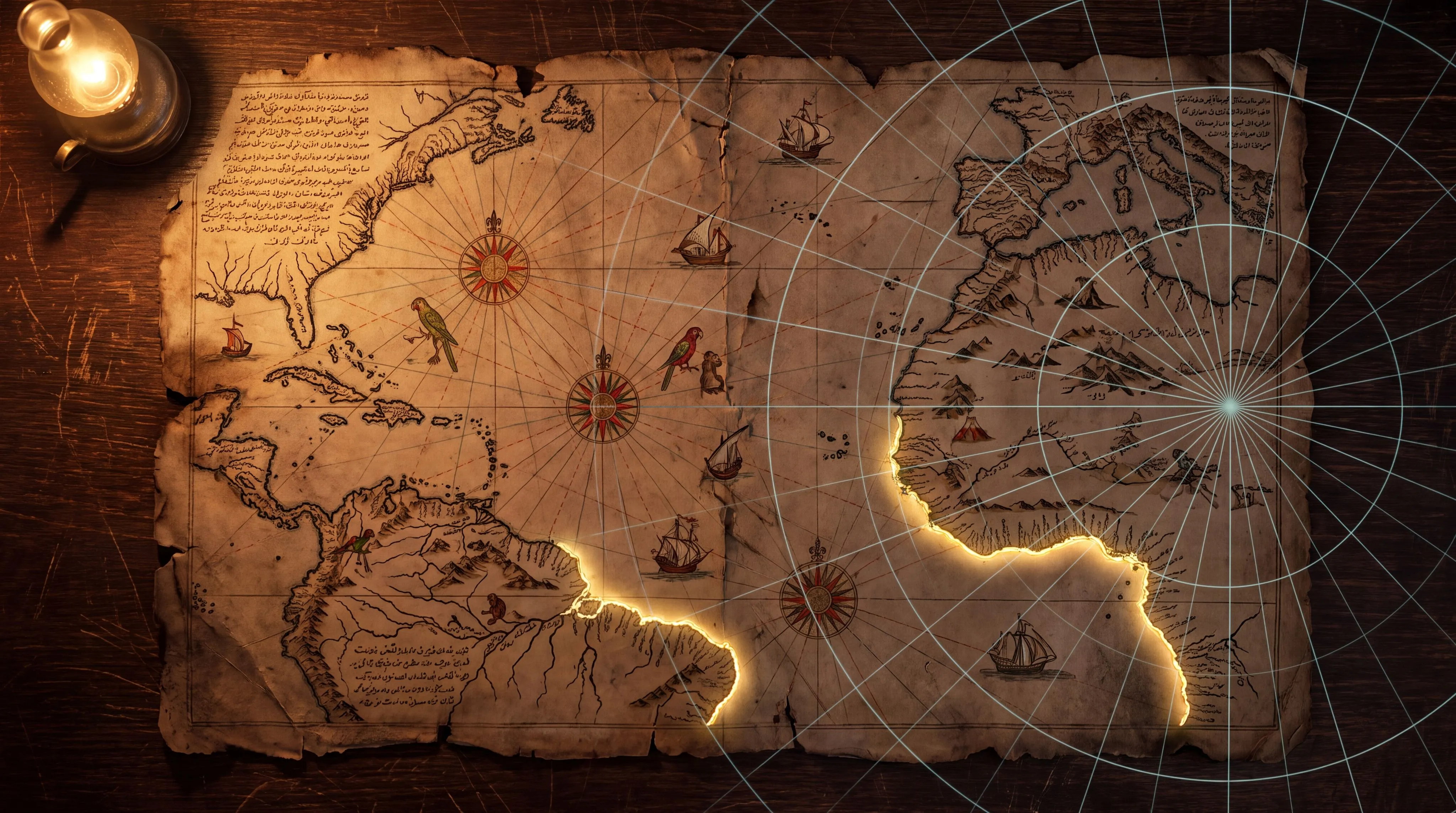 A 16th-century gazelle-skin portolan chart of the Atlantic spread on a dark wooden table, lit by warm lamplight: inked coastlines of West Africa and Brazil, red and gold windroses with radiating rhumb lines, small painted ships and creatures, and along the parchment's bottom edge a long southern coastline glowing faint gold, with a pale teal azimuthal grid of distance rings projected across the skin from a point near the map's eastern edge.