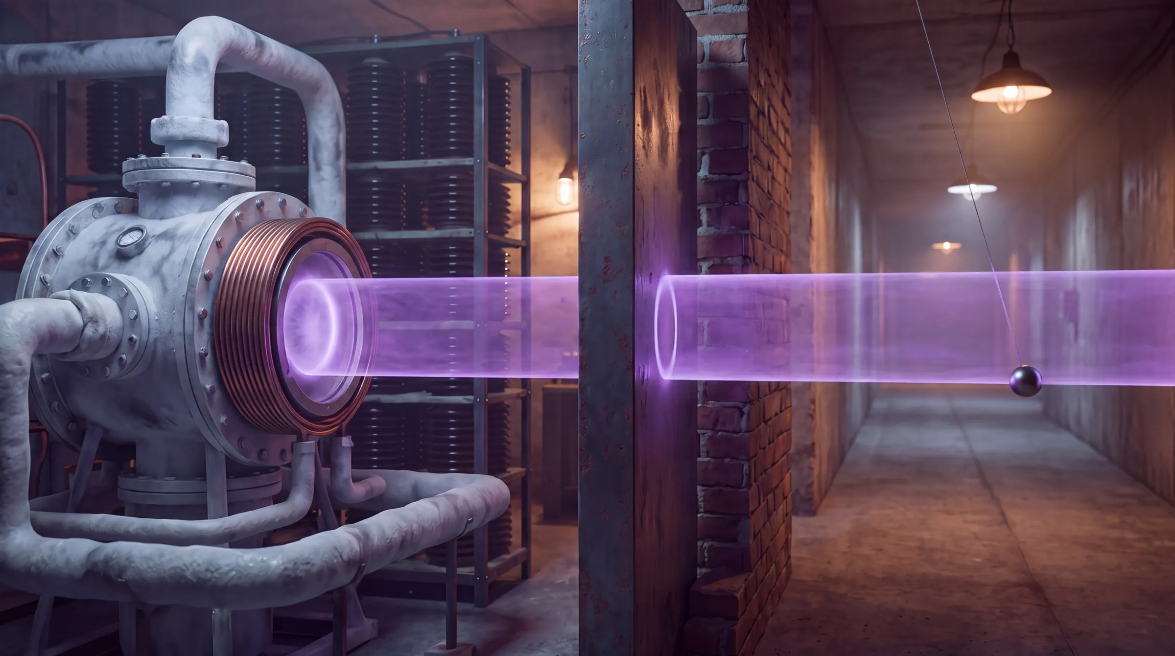 A dim concrete laboratory corridor at night: on the left a frost-covered steel vacuum chamber wrapped in a copper coil, a flat ceramic disc glowing violet inside its port, a rack of stacked capacitor stages behind it; a uniform translucent violet beam the width of the disc runs straight through a steel plate and a brick wall section, leaving a glowing ring on the brick, and on down the corridor under hanging work lamps, where a small metal ball on a long thread from the ceiling hangs on the beam axis, its thread leaning so the ball sits away from the chamber, as if just pushed. The stack of steel, brick and corridor is the book's description of the test, not the paper's two stations.